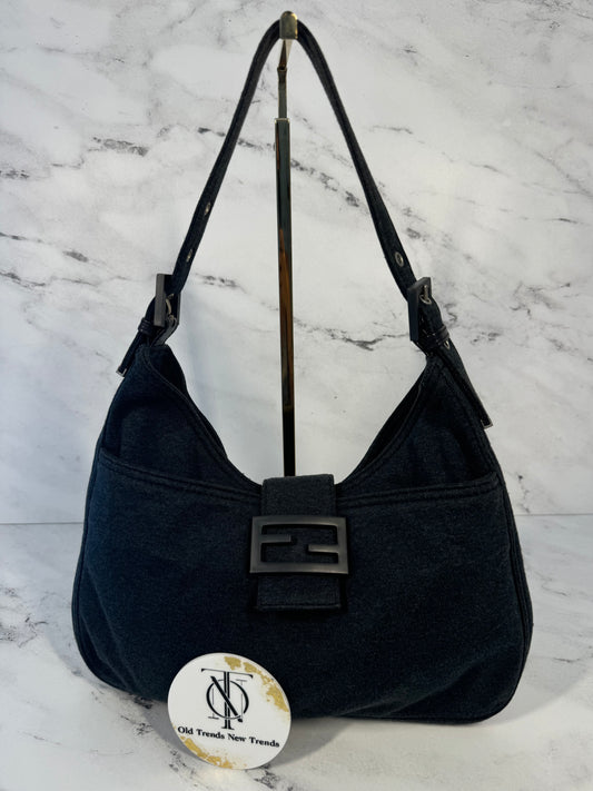 Fendi Vintage Navy Blue Jersey Knit Hobo Shoulder Baguette Bag