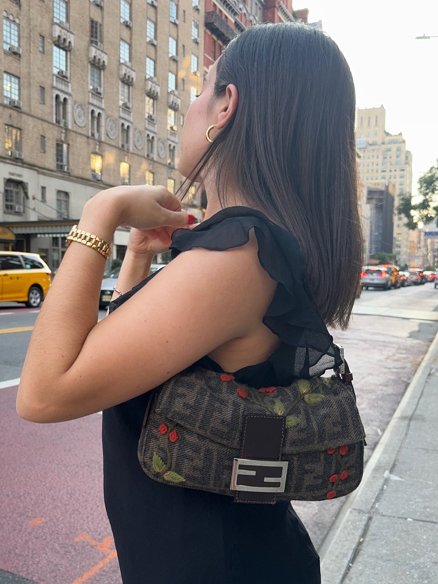 Fendi Vintage Brown Wool Zucca Monogram Cherry Embroidered Shoulder Baguette Bag