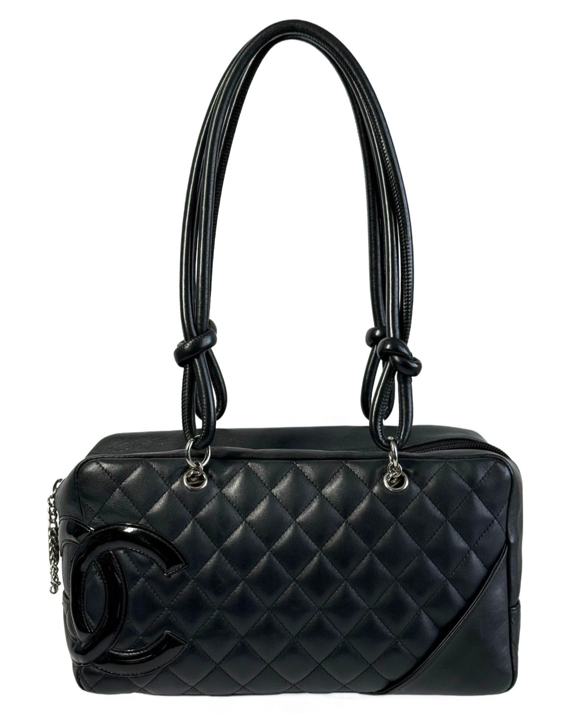 Chanel Vintage Black Quilted Lambskin Small Cambon CC Bowler Shoulder Bag