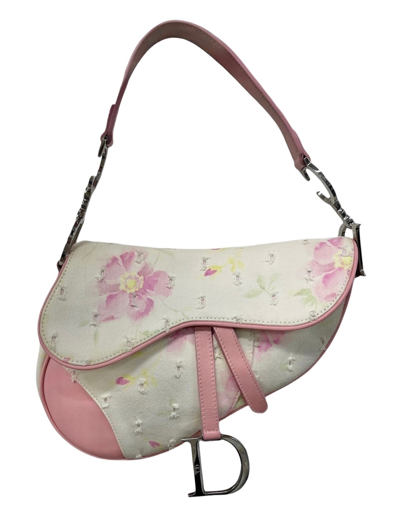 Dior Vintage 2003 White Distressed Pink Floral Canvas Leather Trim Medium Saddle Shoulder Bag