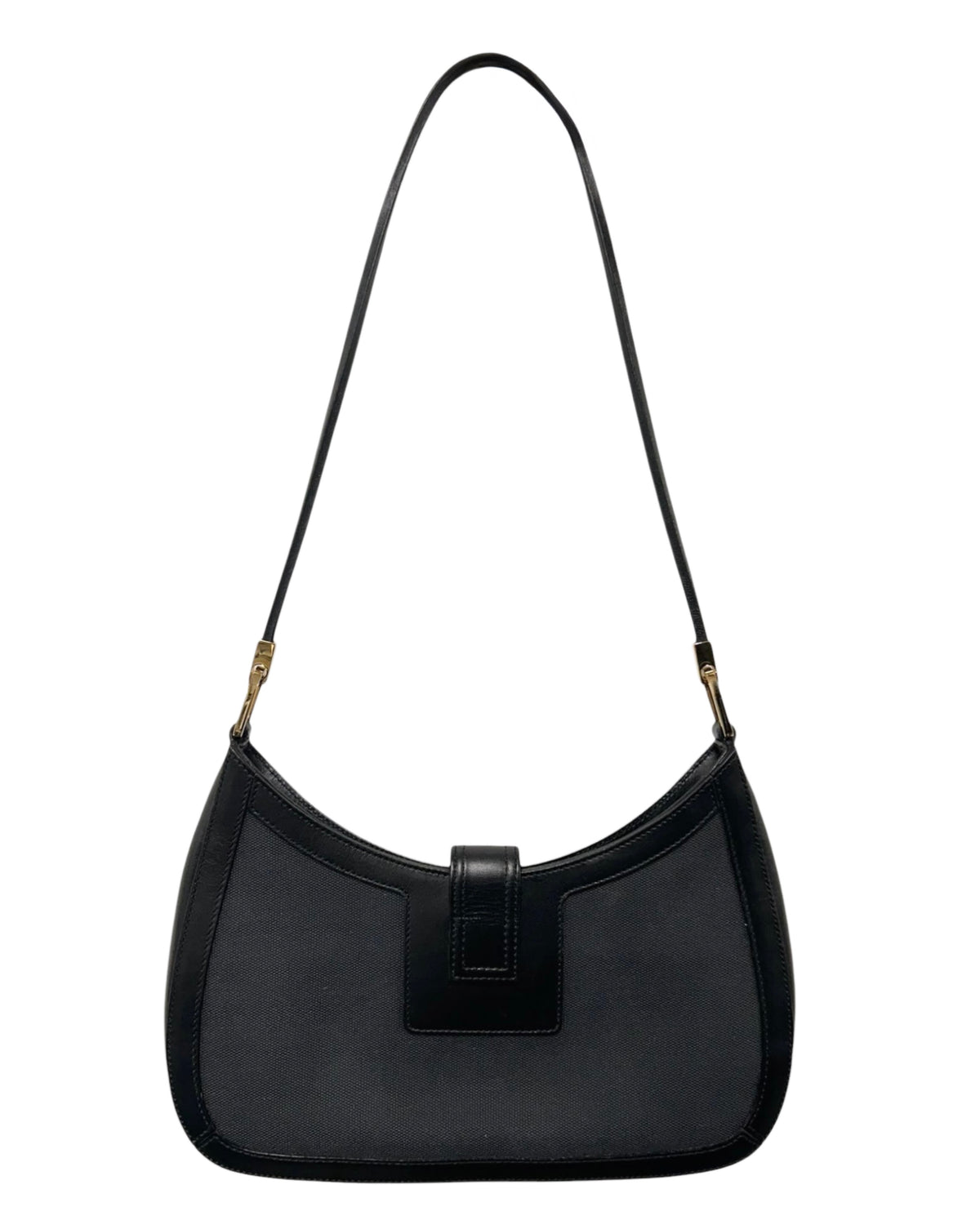 Gucci Vintage Black Canvas Leather Trim G Logo Buckle Shoulder Bag