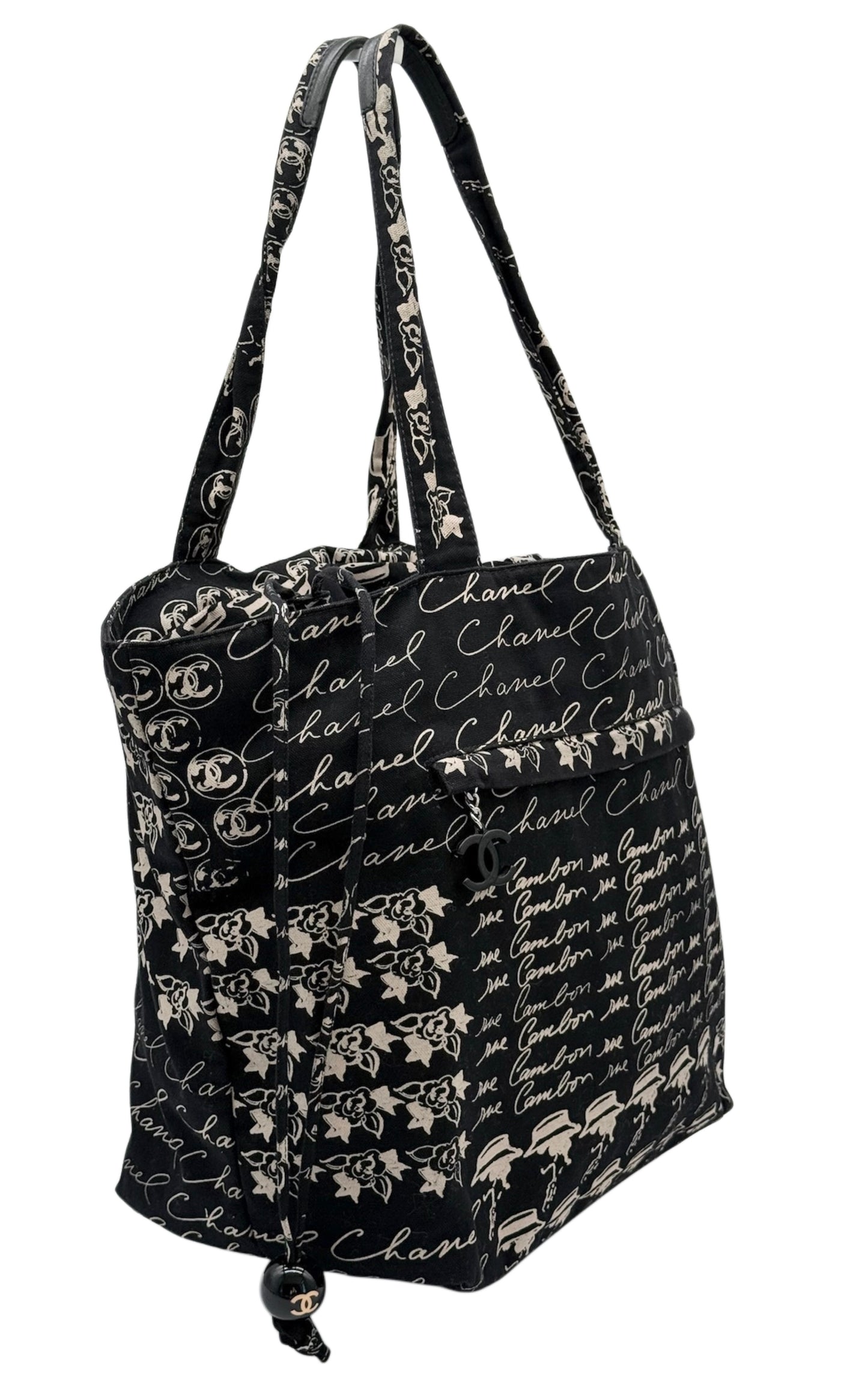 Chanel Vintage 00s Black Canvas Coco Cambon Logo Tote Shoulder Bag