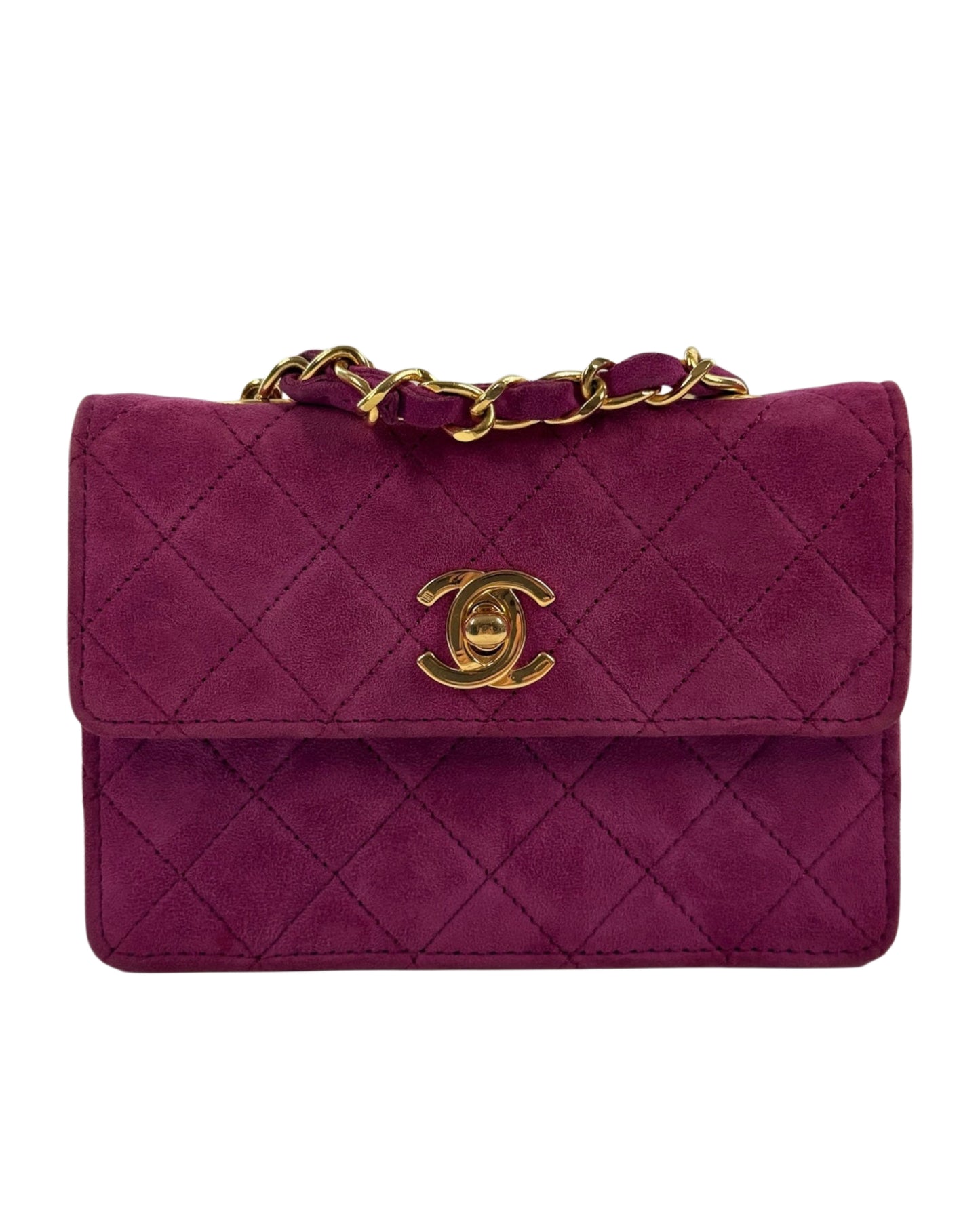 Chanel Vintage 80s/90s Quilted Fuchsia Suede Micro Mini Flap Crossbody Bag w 24K Gold Plated Hardware