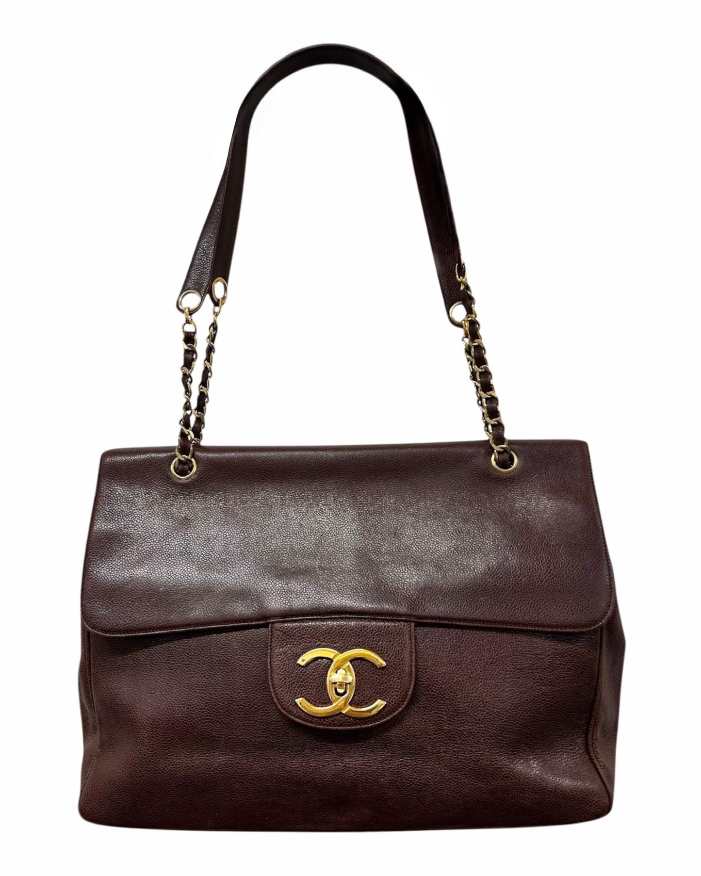 Chanel Vintage 1995 Dark Brown Caviar Leather Double Sided CC Turnlock XL Shoulder Tote Bag