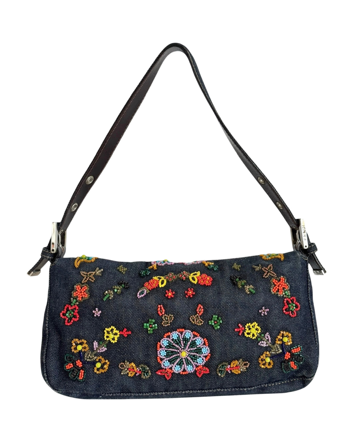Fendi Vintage Blue Denim Floral Embroidered Beaded Shoulder Baguette Bag