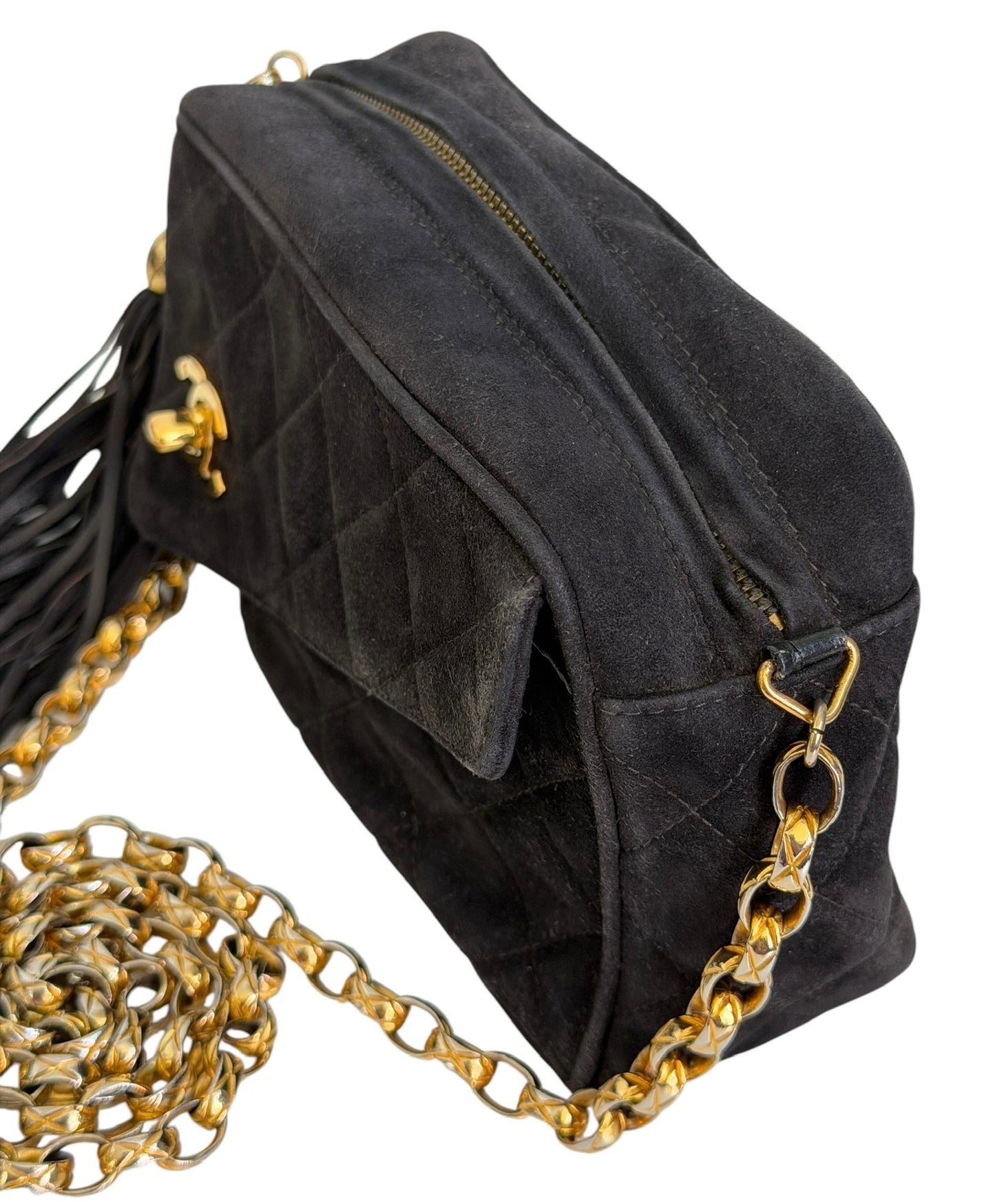Chanel Vintage 1992 Black Quilted Suede Tassel Camera Bag with 24K GPHW 