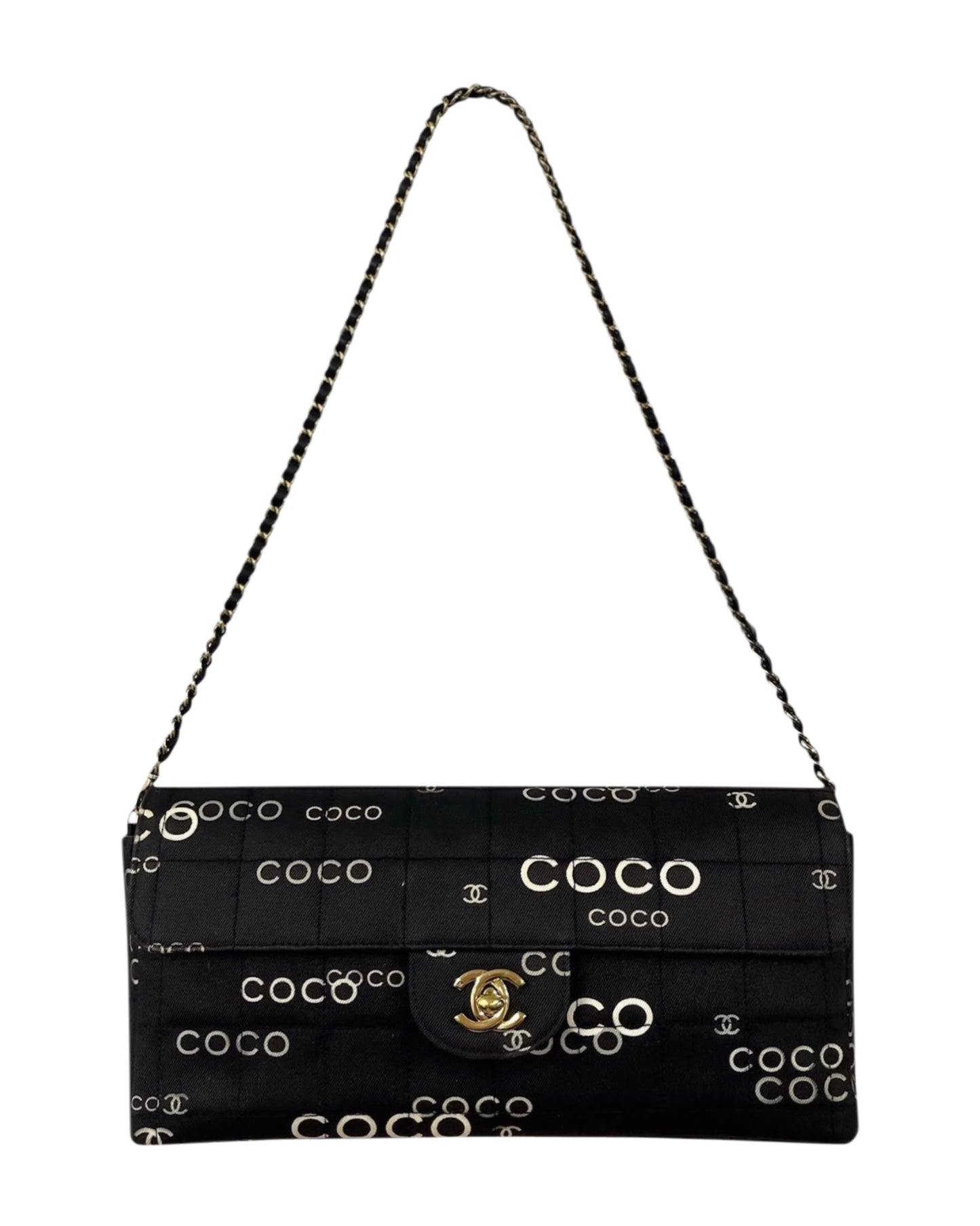 Chanel Vintage 2000 Black Coco CC Satin Chocolate Bar Quilted East West Shoulder Flap Bag