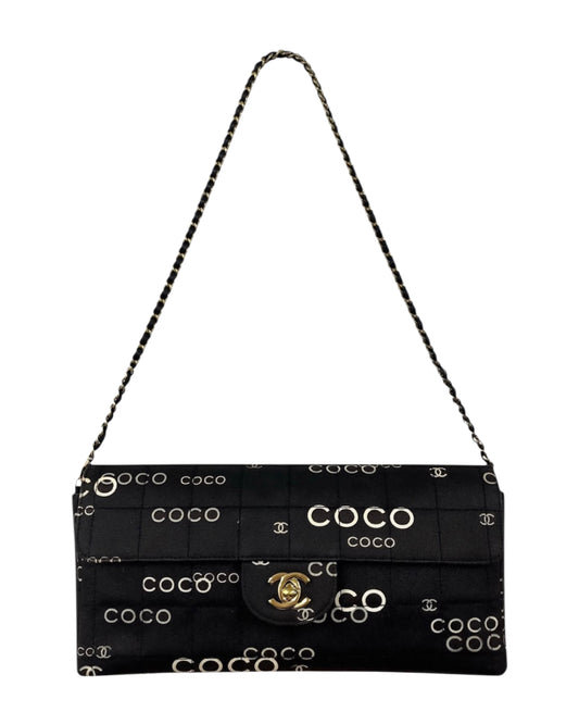 Chanel Vintage 2000 Black Coco CC Satin Chocolate Bar Quilted East West Shoulder Flap Bag