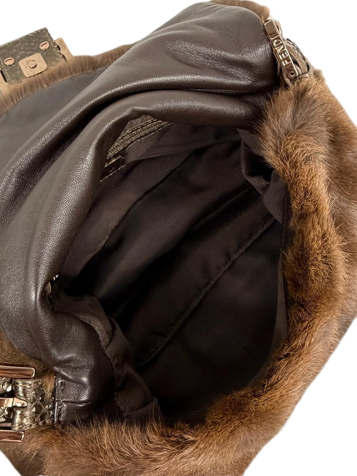 Fendi Vintage Brown Rabbit Fur Python Trim Mamma Baguette Shoulder Bag