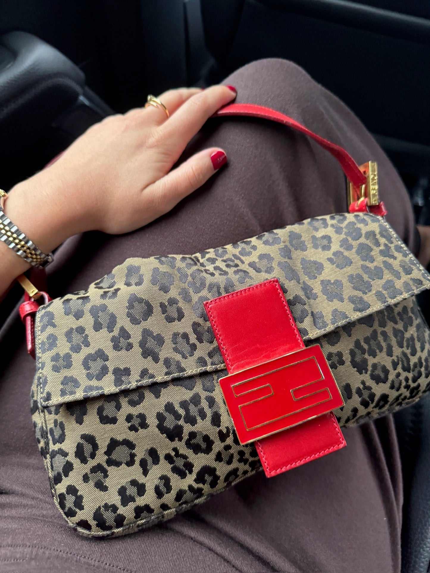 Fendi Vintage Brown Leopard Canvas Red Leather Trim Baguette