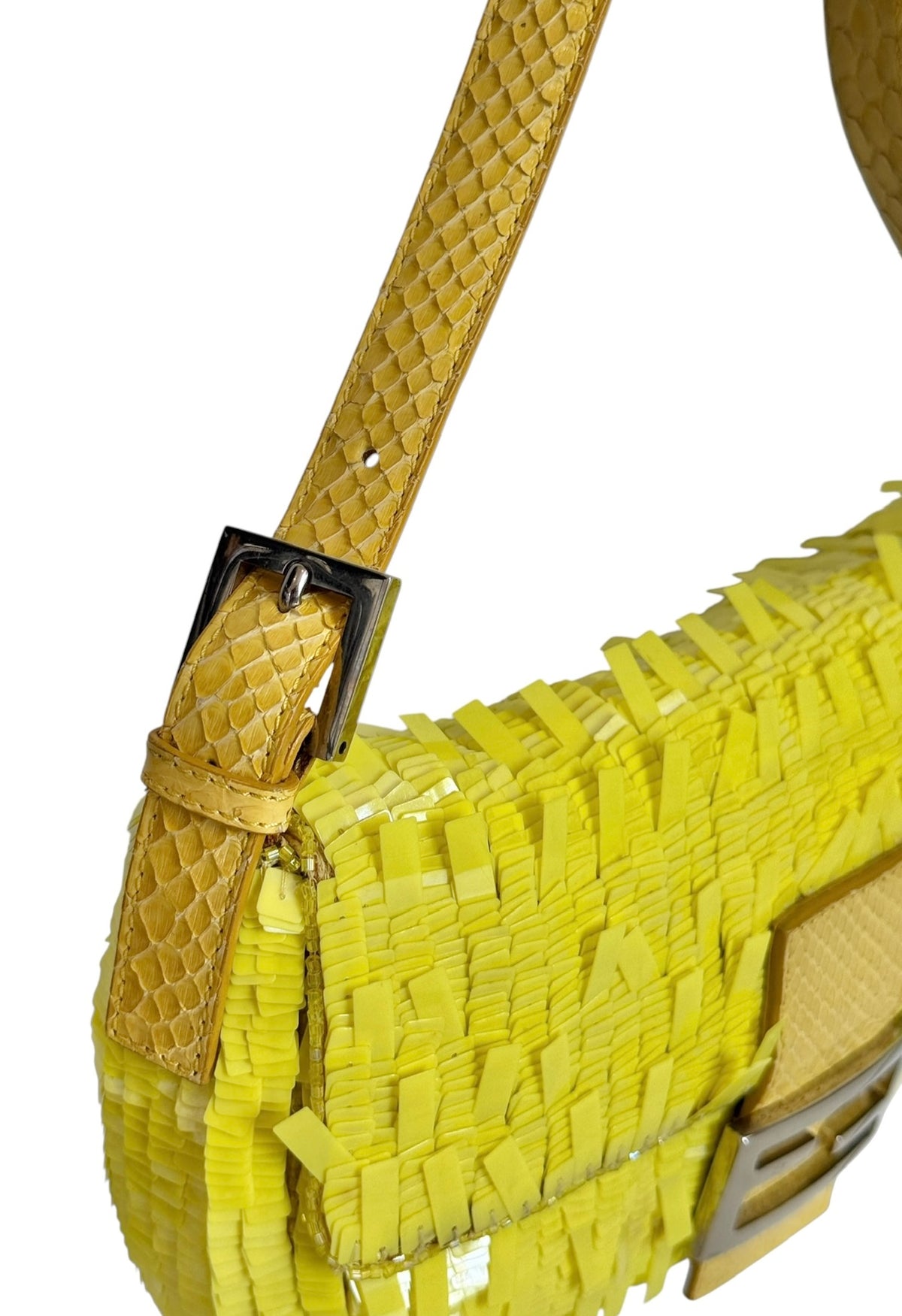 Fendi Vintage Neon Yellow Palliates Sequin Beaded Shoulder Baguette Bag with Python Trim