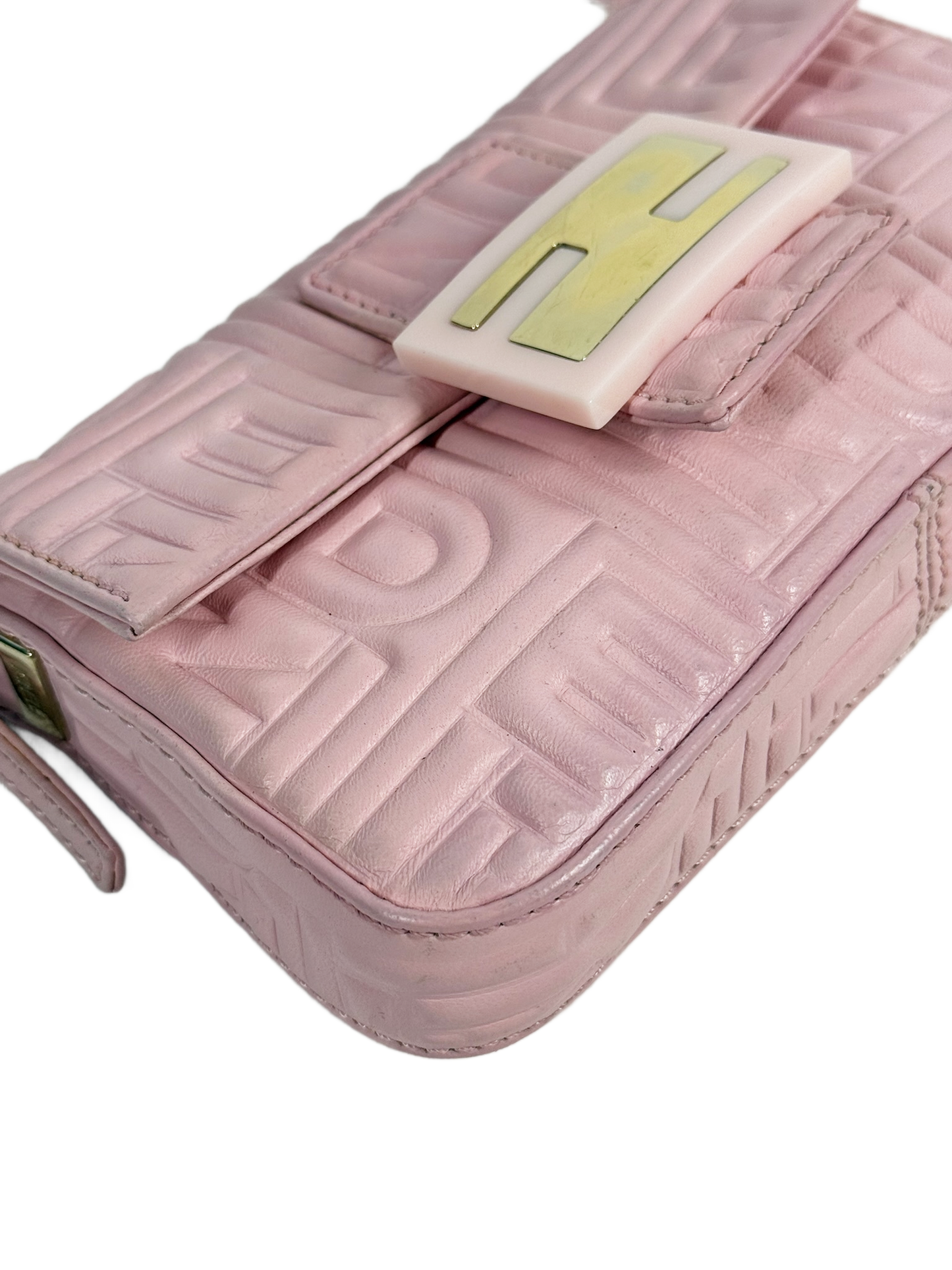 Fendi Pink Nappa Embossed Monogram Logo Leather Mini Baguette Bag