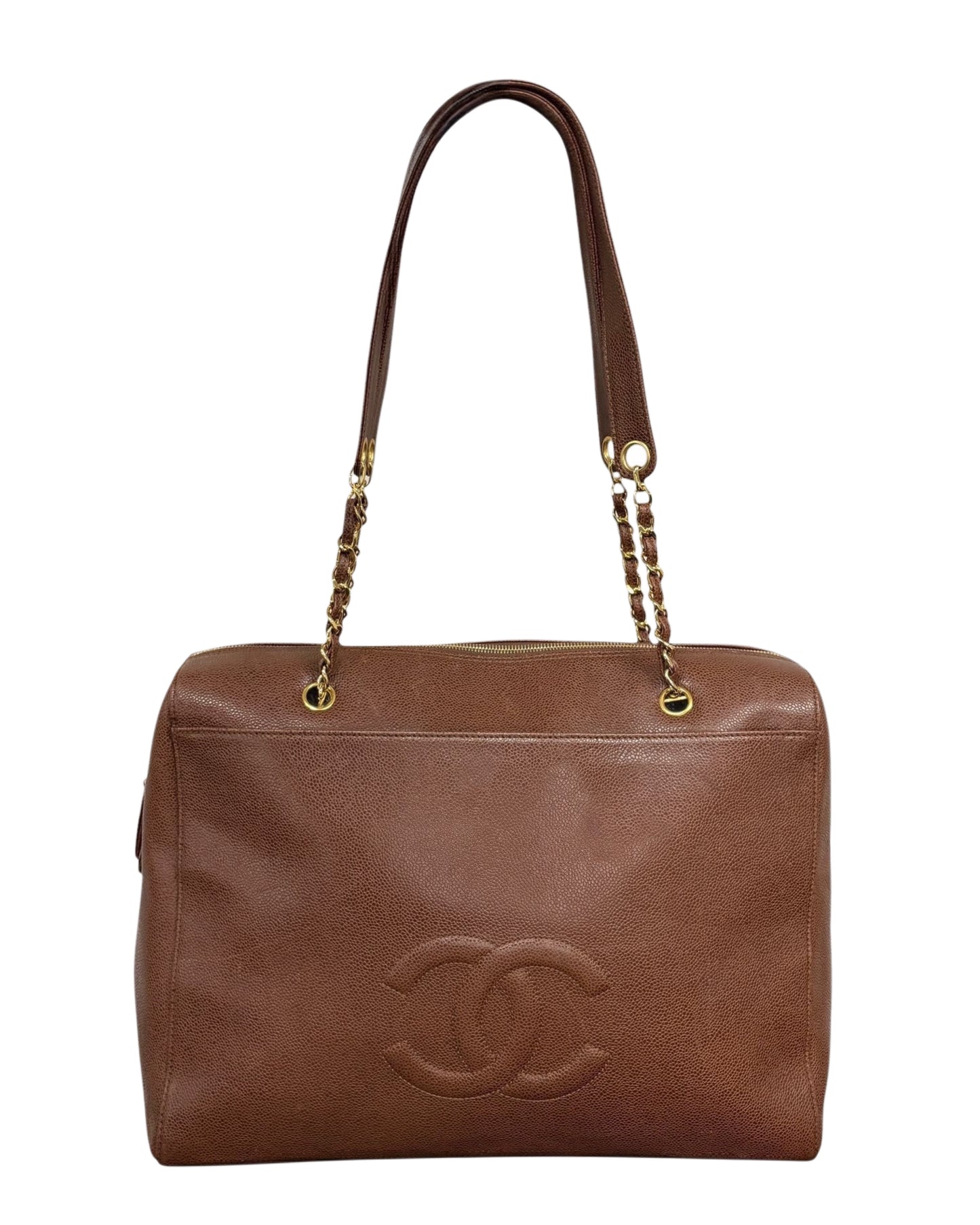 Chanel Vintage Light Brown Caviar CC Logo XL Shoulder Tote Bag with 24K Gold Plated Hardware