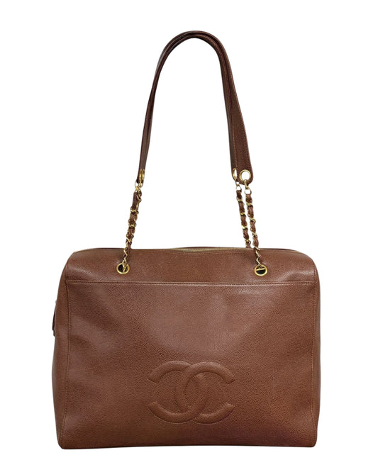 Chanel Vintage Light Brown Caviar CC Logo XL Shoulder Tote Bag with 24K Gold Plated Hardware