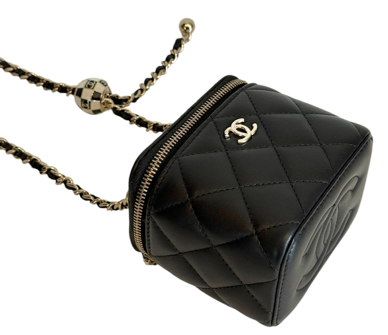 Chanel Black Quilted Lambskin Pearl Crush Vanity with Checkered Ball
