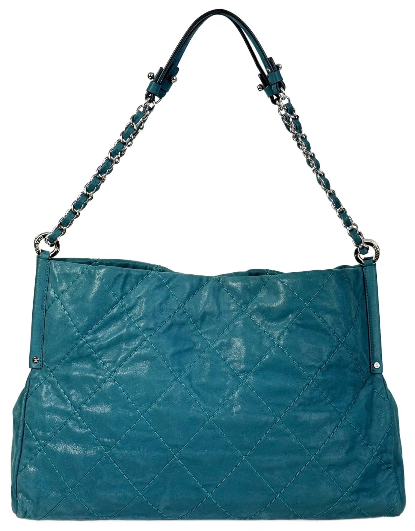 Chanel 2012 Iridescent Turquoise Crinkled Calfskin CC Medium Shoulder Tote Bag