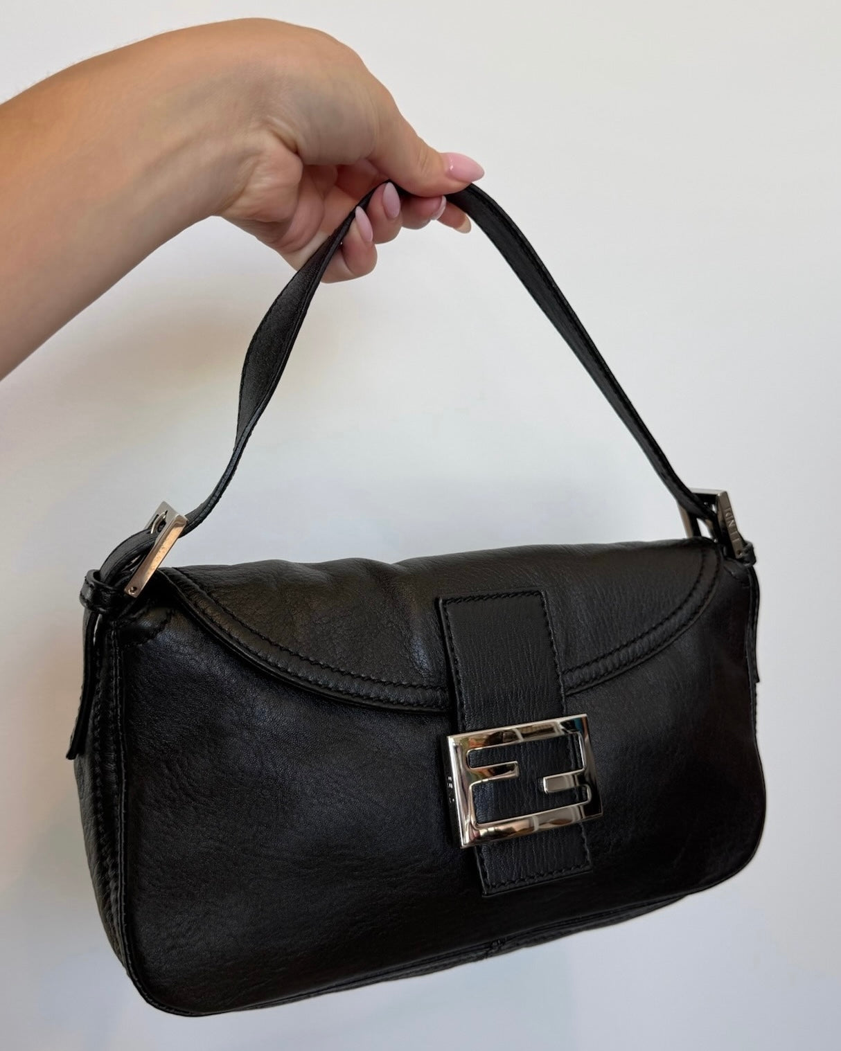 Fendi Vintage Black Selleria Leather Double Flap Shoulder Baguette Bag