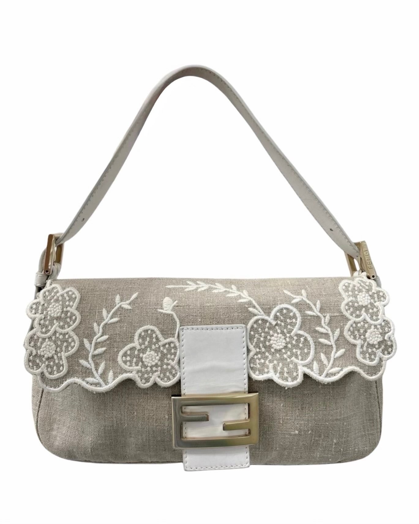 Fendi Vintage Beige Linen White Floral Embroidered Shoulder Baguette Bag