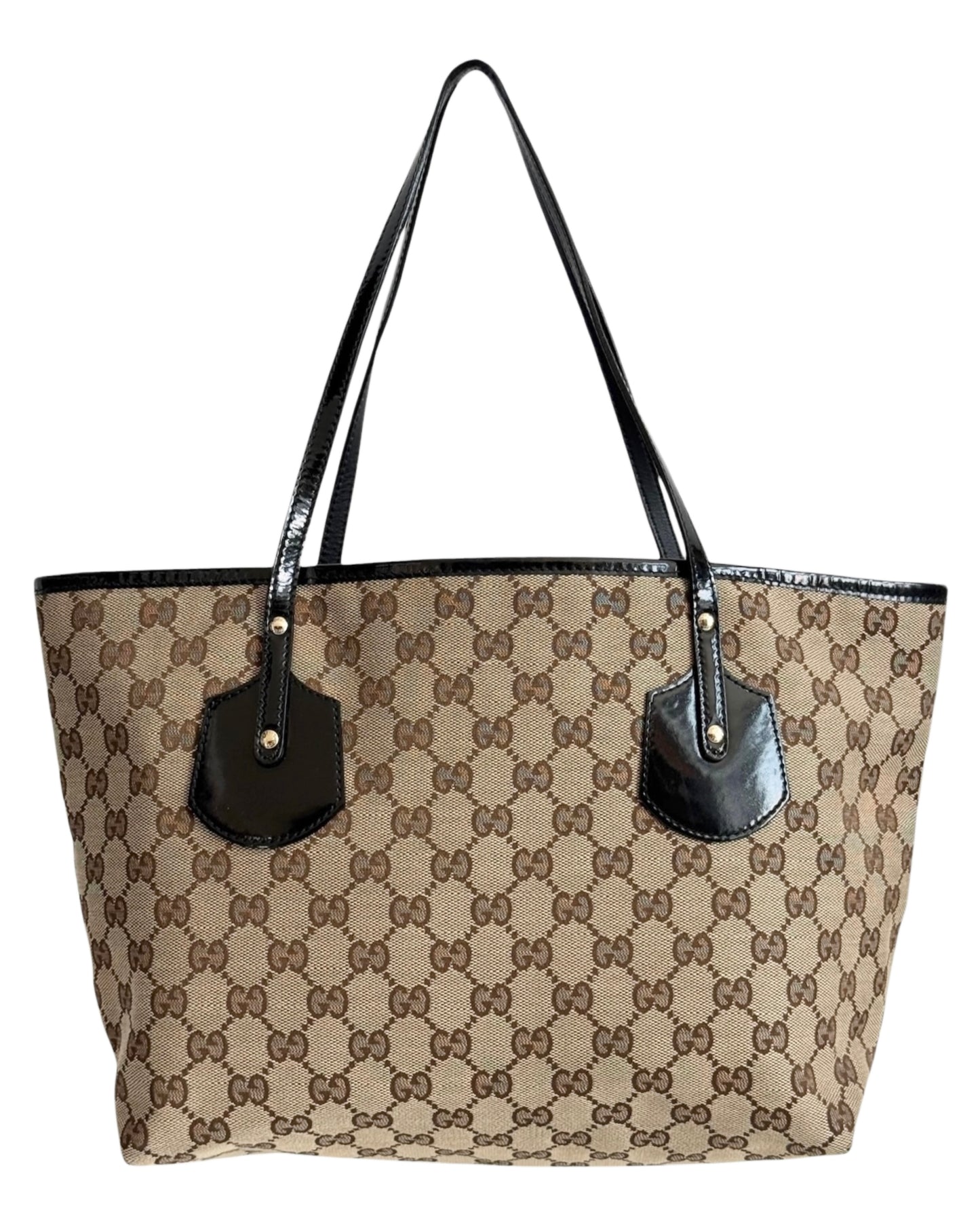 Gucci Vintage Brown GG Monogram Canvas Small Jolie Tote Bag with Black Patent Leather Trim