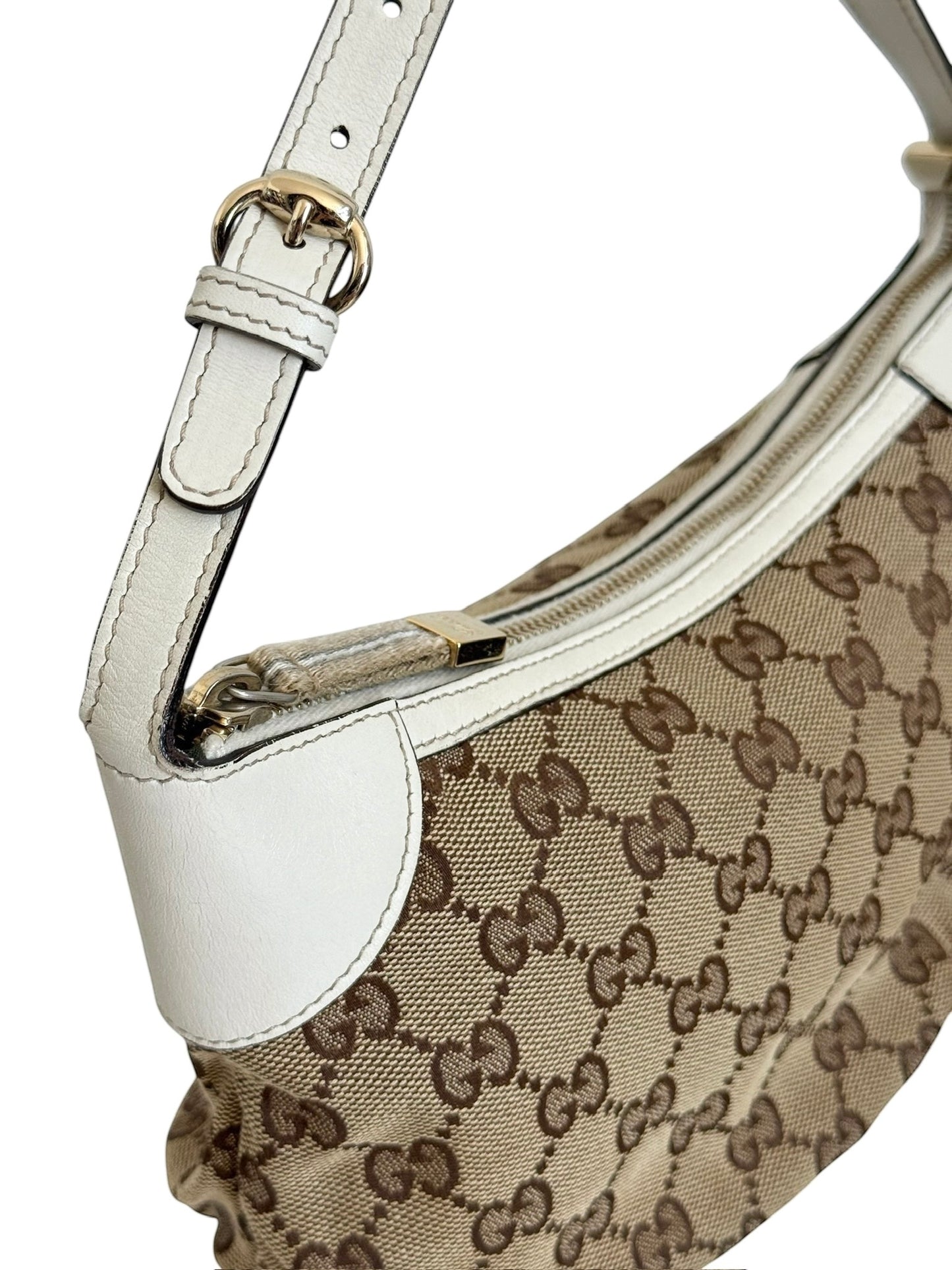 Gucci Vintage Brown GG Monogram Ivory Leather Trim Striped Pull Ruffle Small Pochette Bag