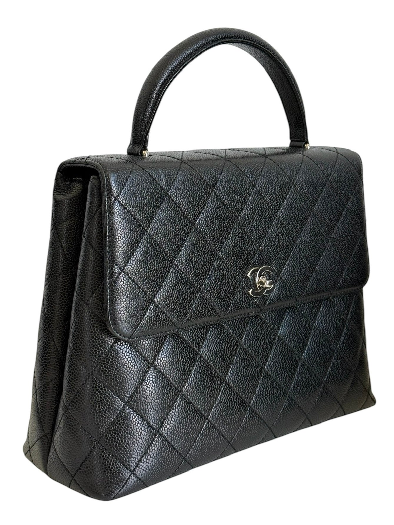 Chanel Vintage 00s Black Quilted Caviar Large Kelly Top Handle Flap Bag with Silver Hardware