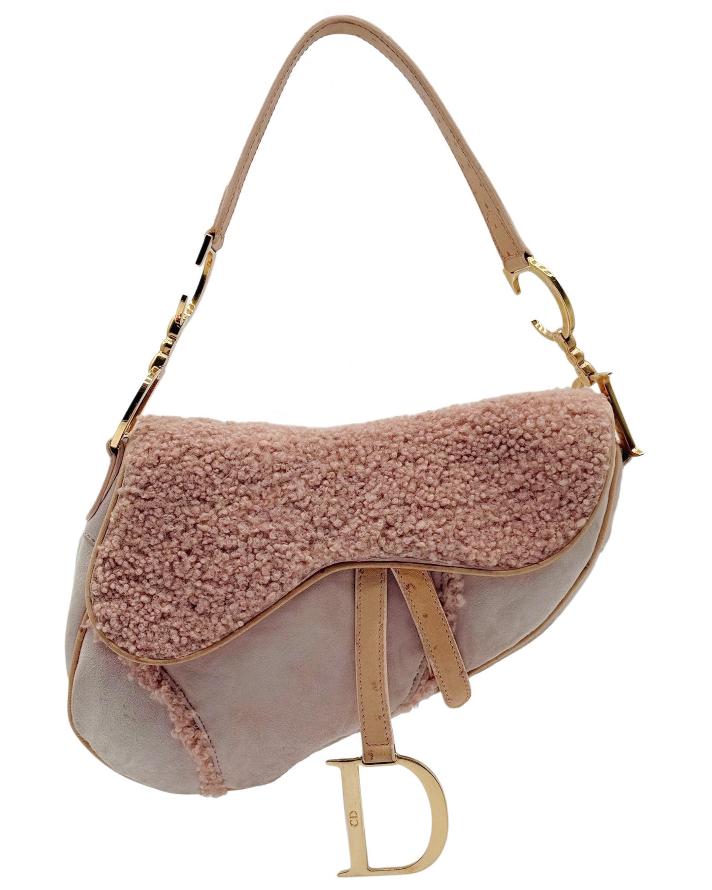 Dior Vintage 2000 Light Pink Micro Suede Shearling & Ostrich Trim Medium Saddle Shoulder Bag