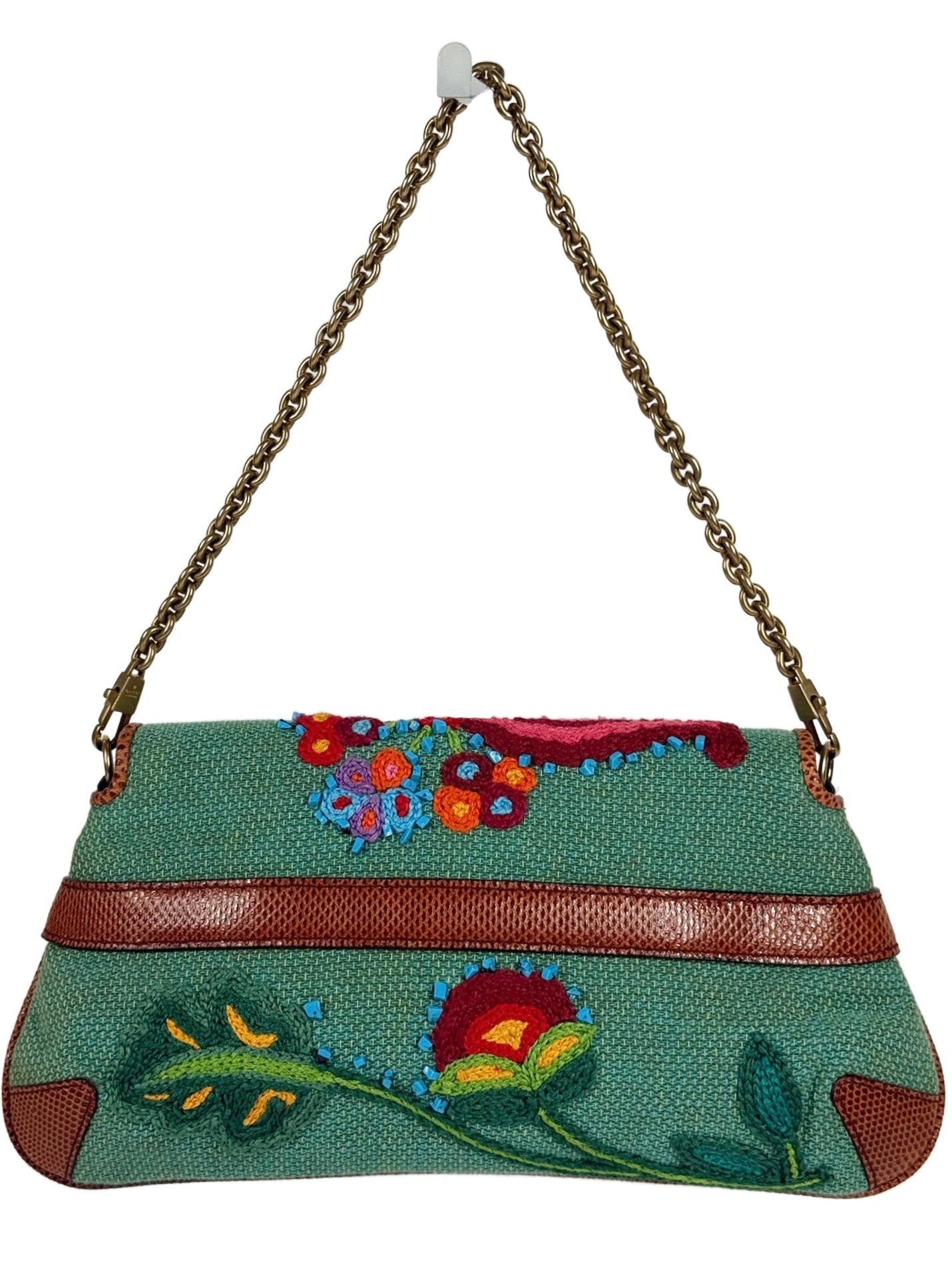Gucci Vintage Turquoise Floral Embroidered Raffia Lizard Trim Small Horsebit Clutch Shoulder Bag