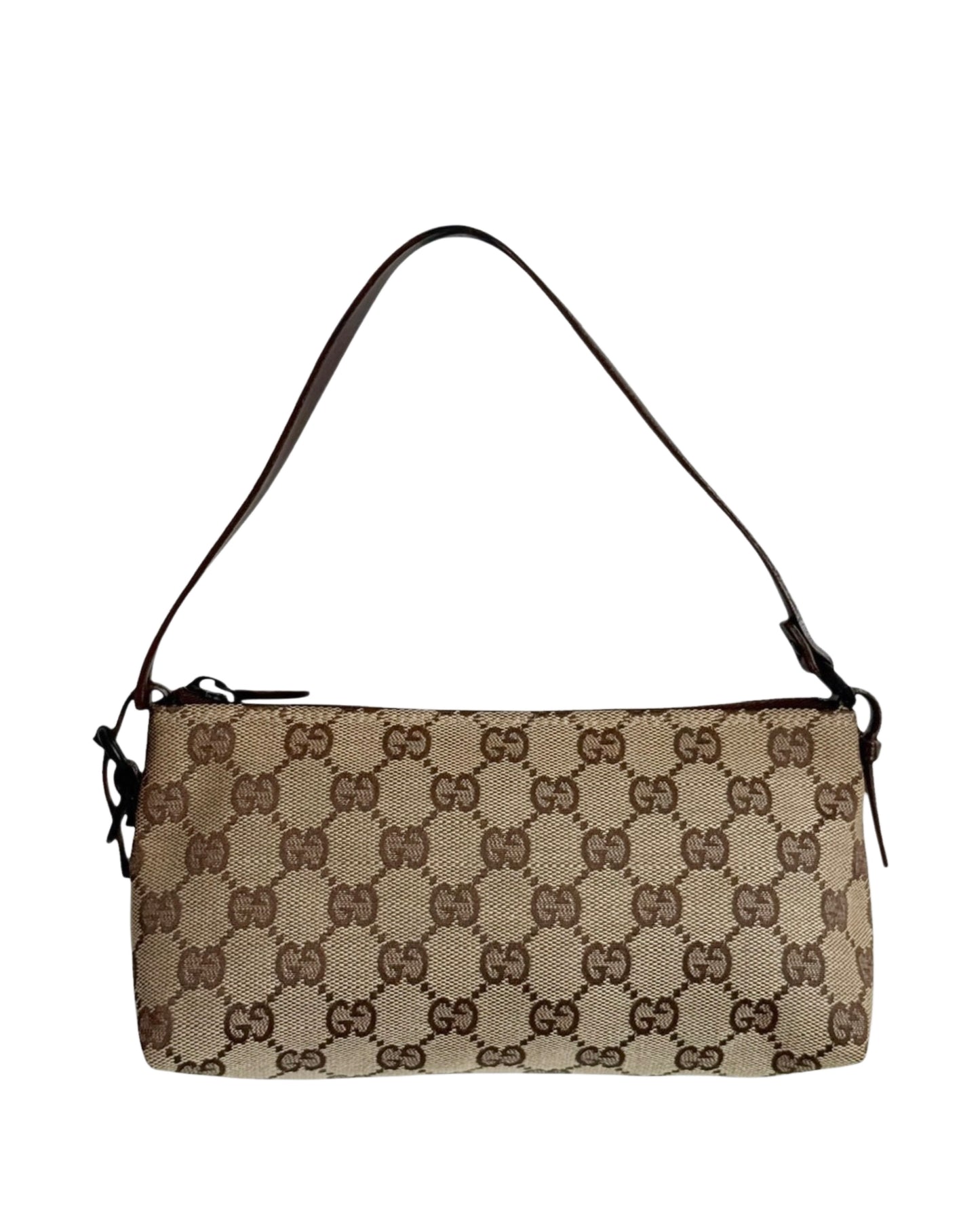 Gucci Vintage Brown GG Monogram Small Pochette Shoulder Bag with Dark Brown Leather Trim