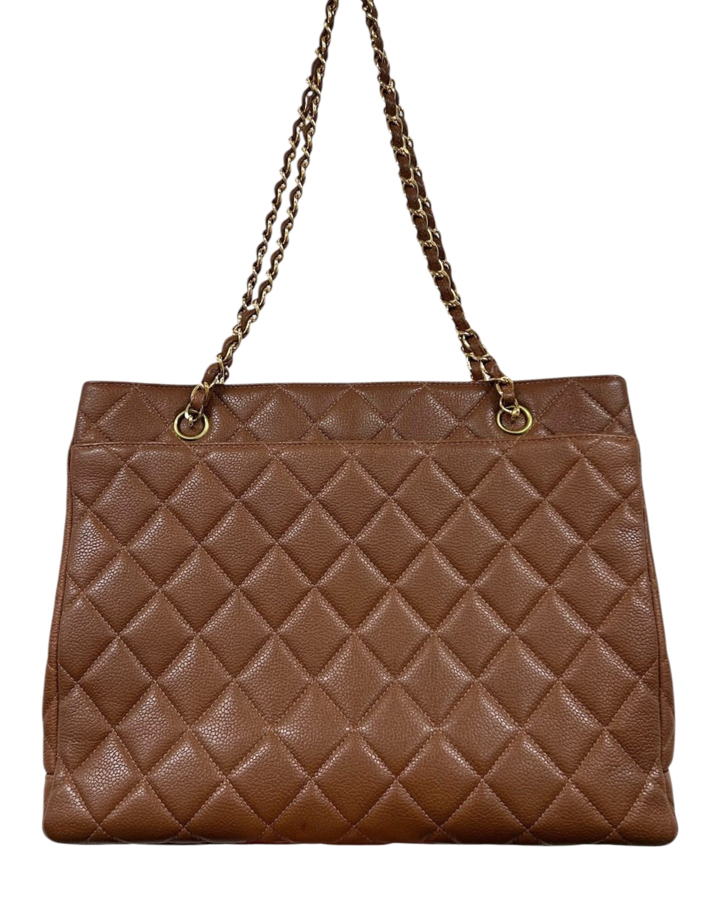 Chanel Vintage 90s Light Brown Quilted Caviar Classic Turnlock Shoulder Tote Bag with 24K Gold Plated Hardware