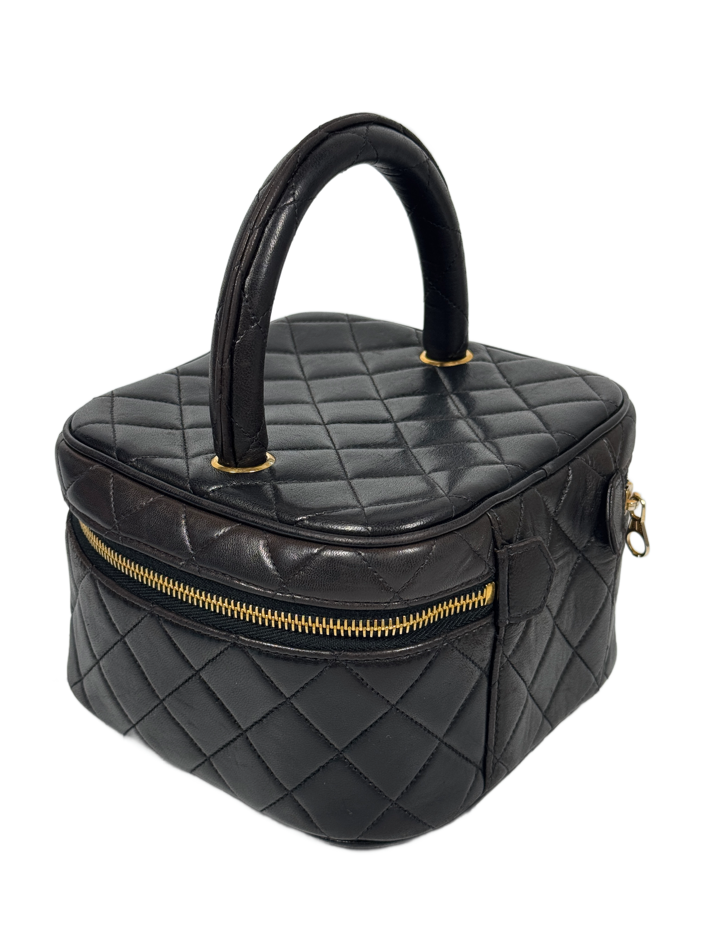 Chanel Vintage 90s Black Quilted Lambskin Top Handle Vanity Bag