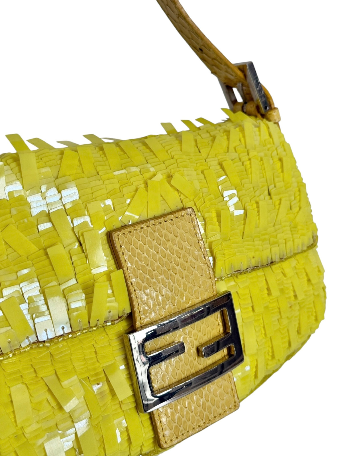 Fendi Vintage Neon Yellow Palliates Sequin Beaded Shoulder Baguette Bag with Python Trim