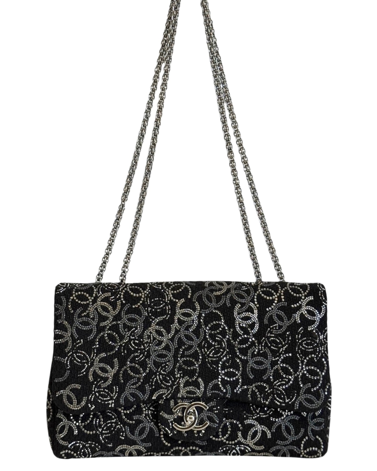 Chanel Vintage Paris-Shanghai Pudong Strass Black Tweed and Crystal CC Logo Jumbo Classic Flap Bag