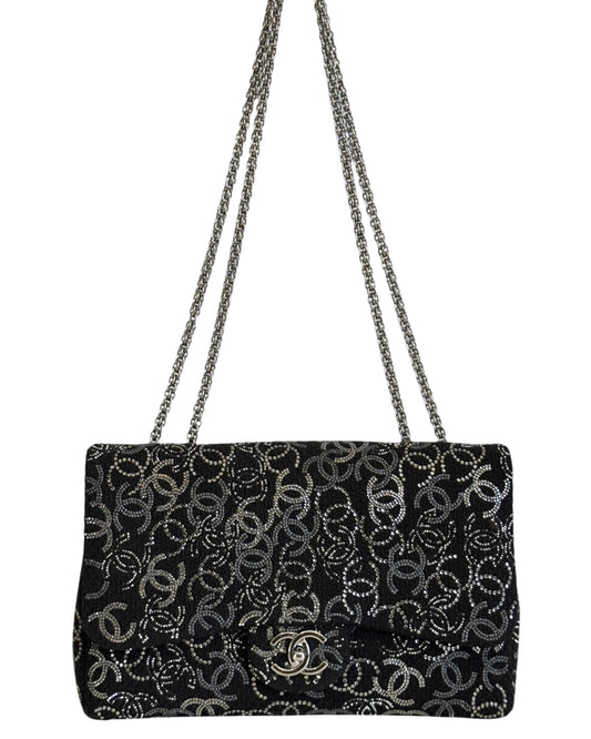 Chanel Vintage Paris-Shanghai Pudong Strass Black Tweed and Crystal CC Logo Jumbo Classic Flap Bag