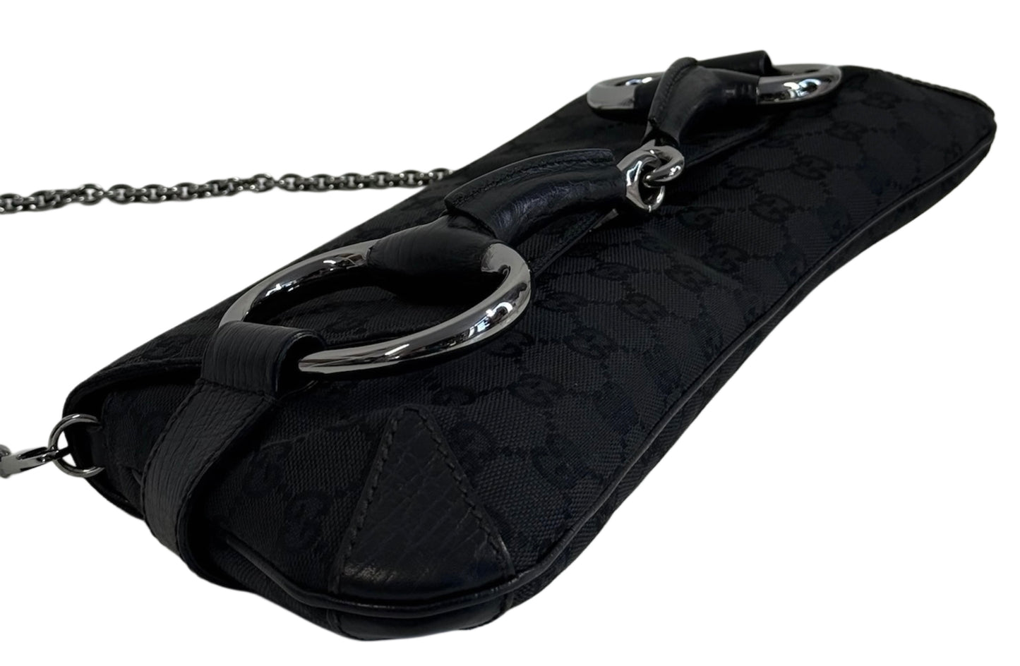 Gucci Vintage Black GG Monogram Horsebit Large Clutch Shoulder Bag
