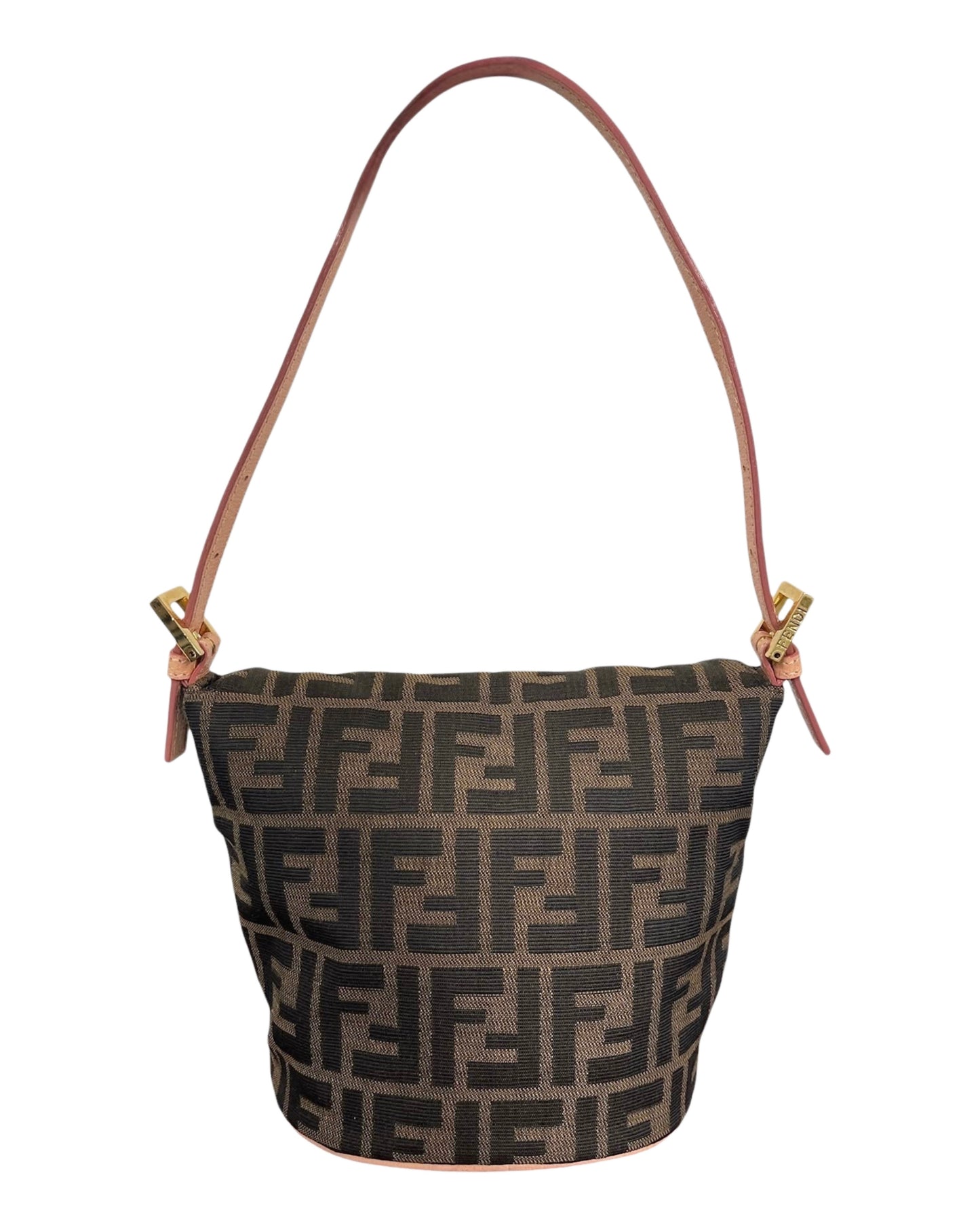 Fendi Vintage Brown Zucca Monogram Bucket Baguette Shoulder Bag with Enamel Floral Embellished Clasp
