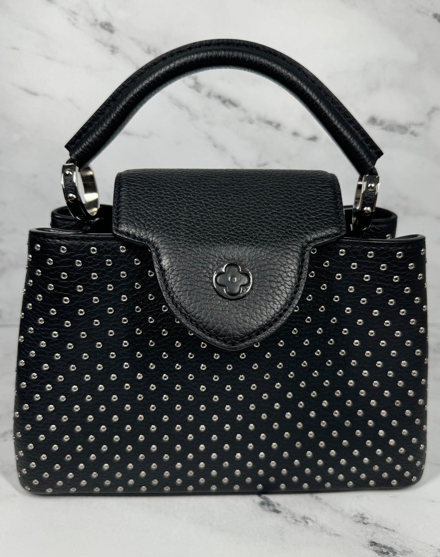 Louis Vuitton Black Taurillon Leather Silver Studded Capucines BB