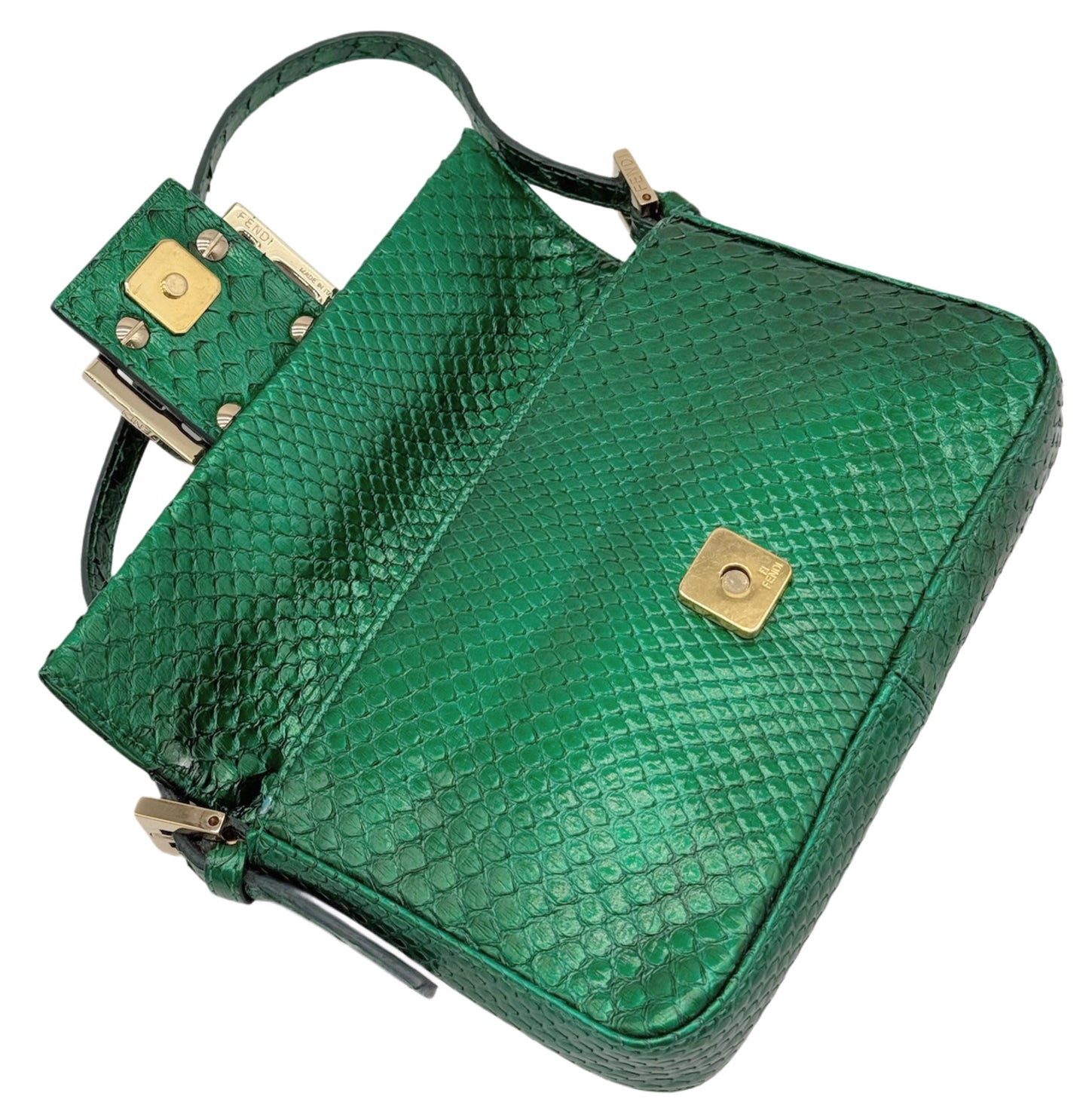 Fendi Vintage Green Snakeskin Mini Shoulder Baguette Bag