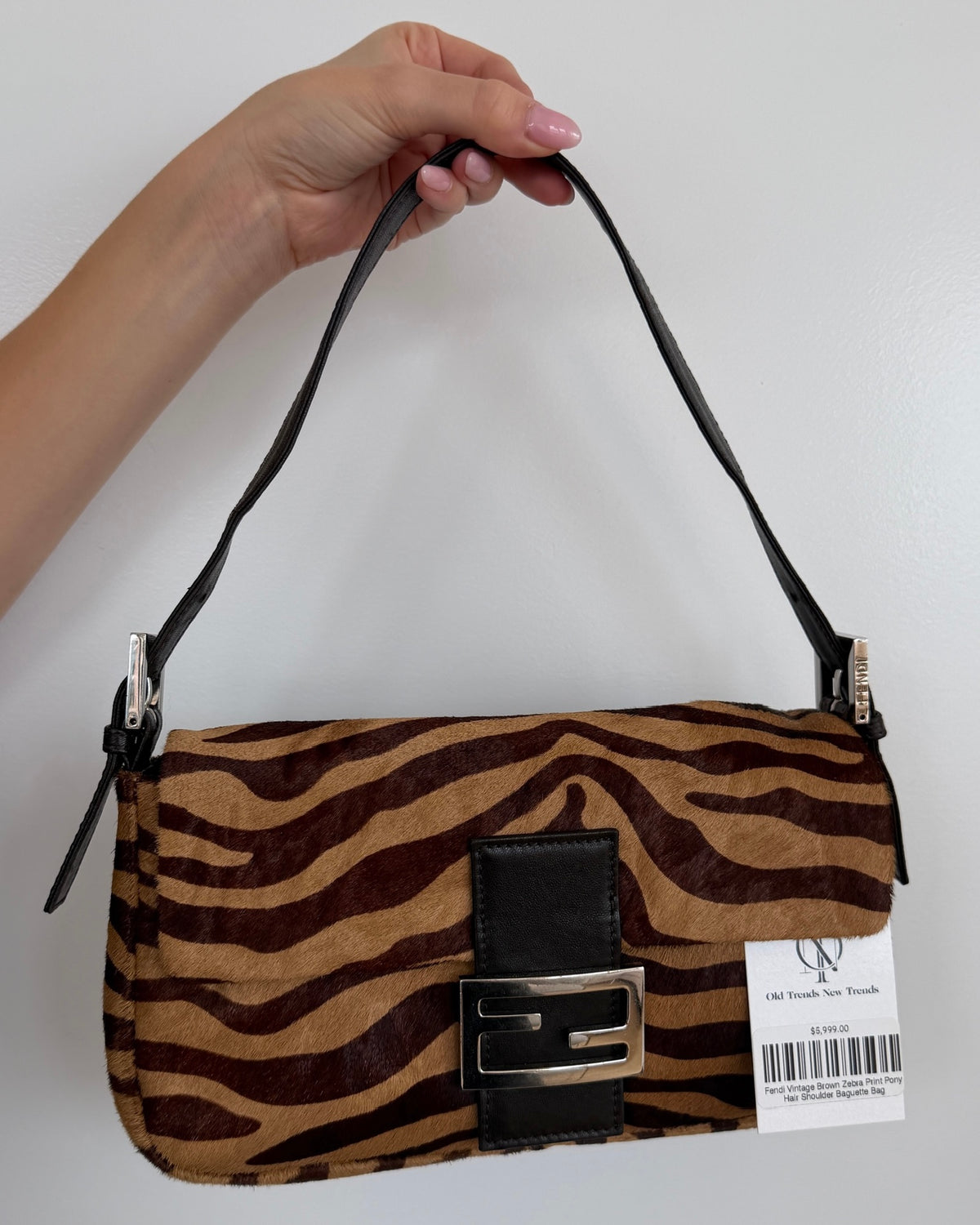 Fendi Vintage Brown Zebra Print Pony Hair Shoulder Baguette Bag