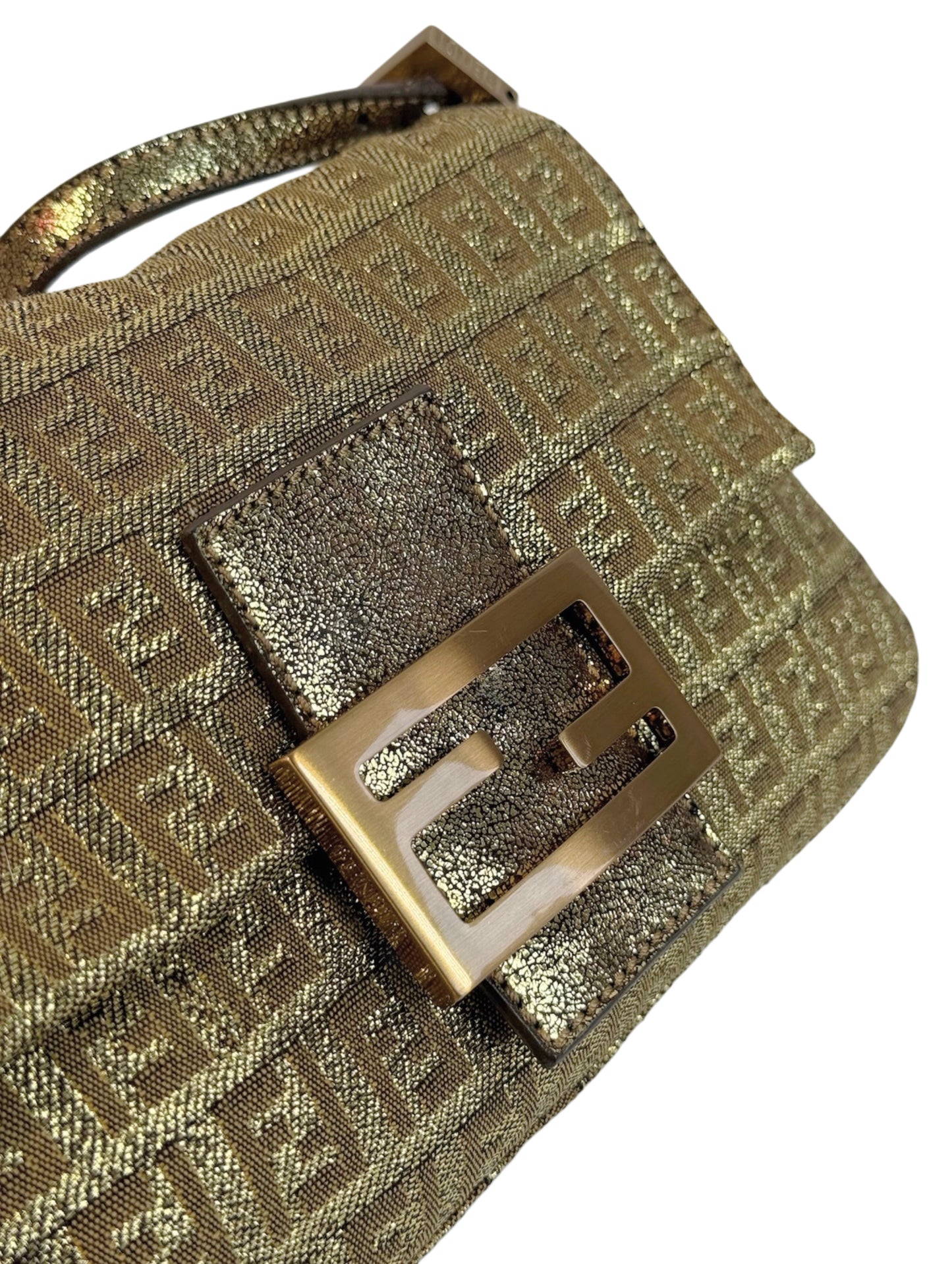 Fendi Vintage Metallic Gold Glitter Zucchino Zucca Monogram Mini Mamma Baguette Shoulder Bag