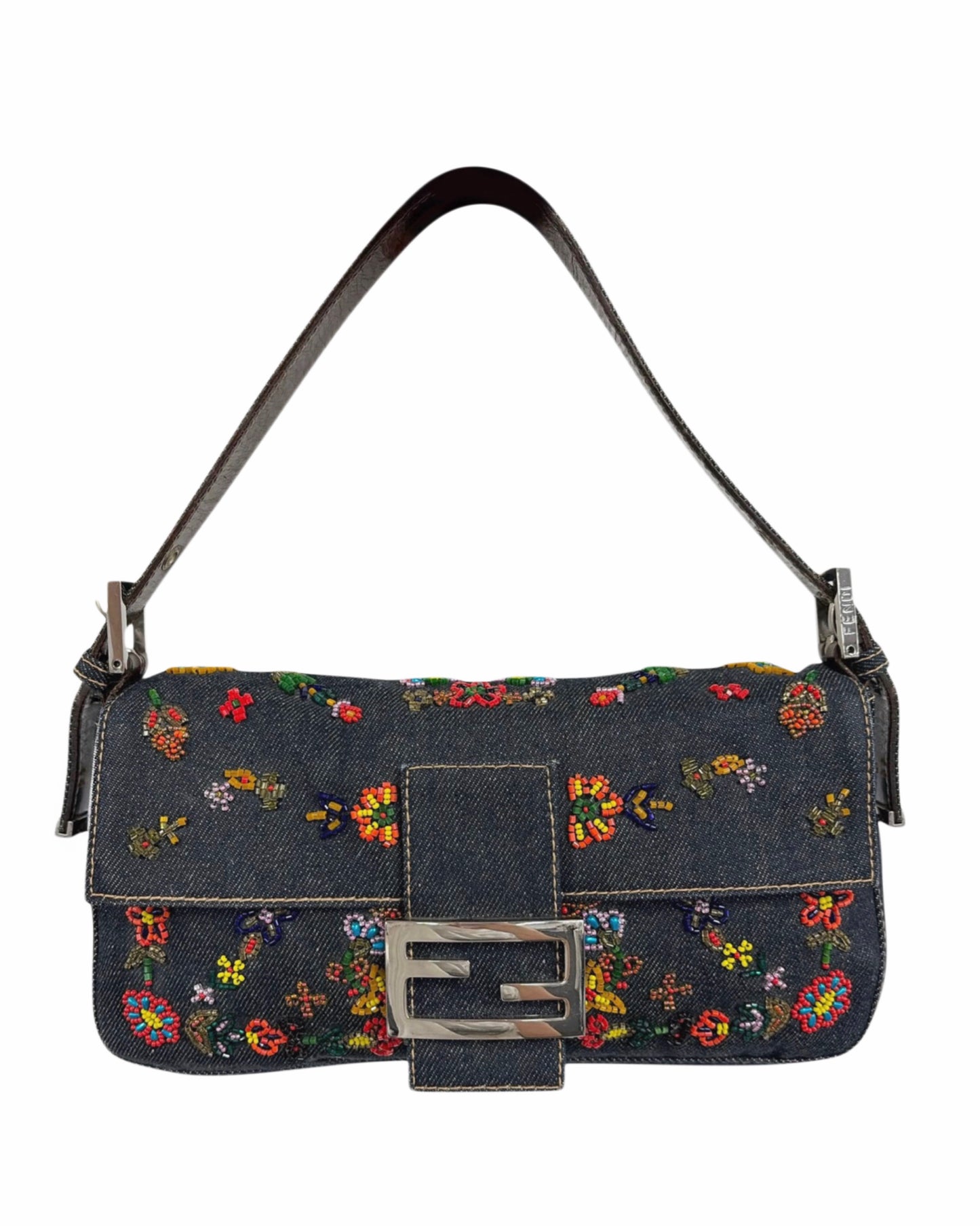Fendi Vintage Blue Denim Floral Embroidered Beaded Shoulder Baguette Bag