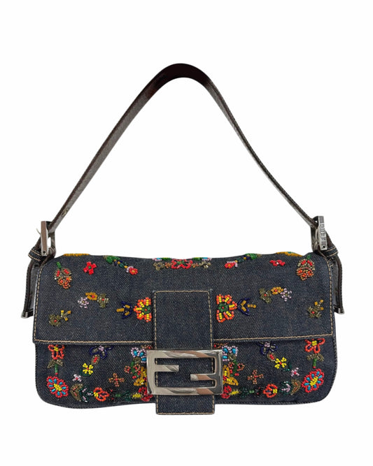 Fendi Vintage Blue Denim Floral Embroidered Beaded Shoulder Baguette Bag