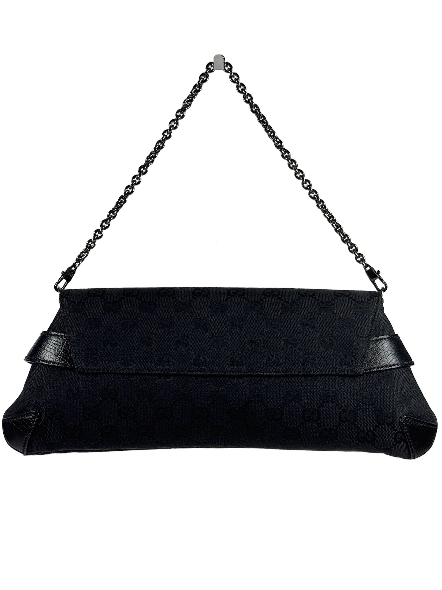 Gucci Vintage Black GG Monogram Horsebit Large Chain Shoulder Clutch Bag