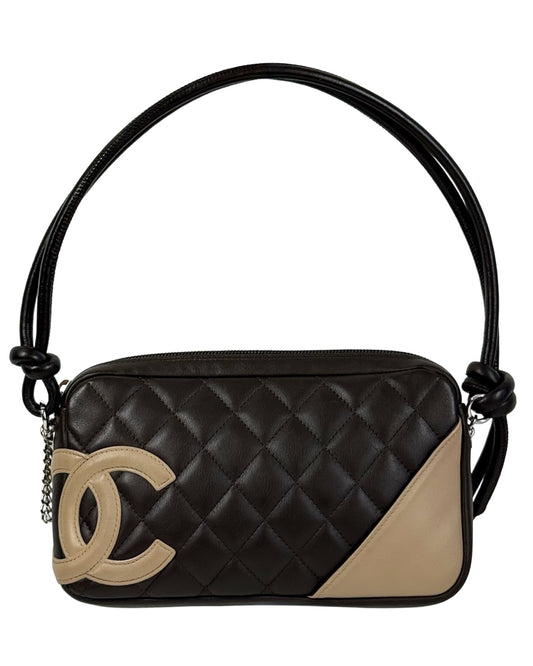 Chanel Vintage 00s Dark Brown Quilted Lambskin Beige CC Cambon Small Shoulder Pochette Bag