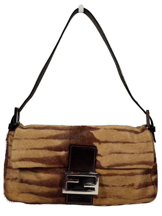 Fendi Vintage Brown Giraffe Print Pony Hair Shoulder Baguette Bag