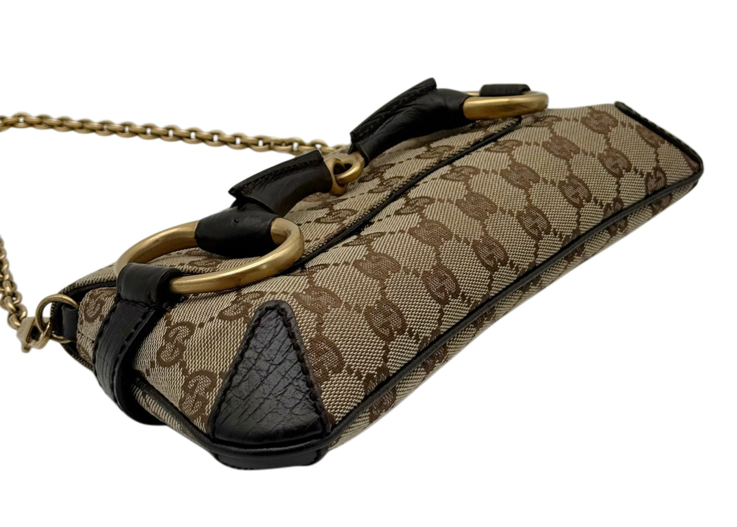 Gucci Vintage Brown GG Monogram Small Horsebit Shoulder Clutch Bag