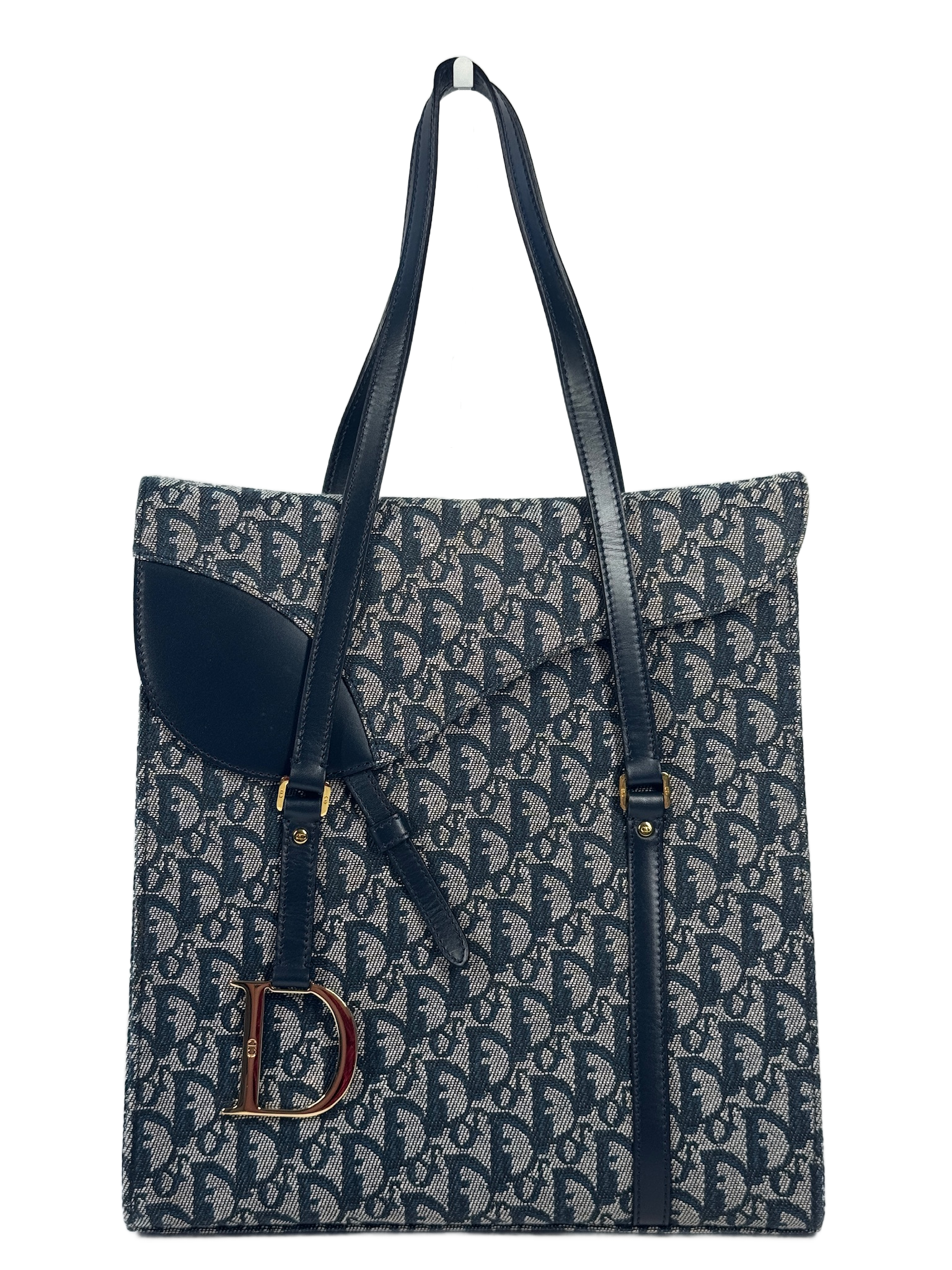 Dior Vintage 2002 Navy Blue Trotter Monogram Canvas Saddle Tote Bag 