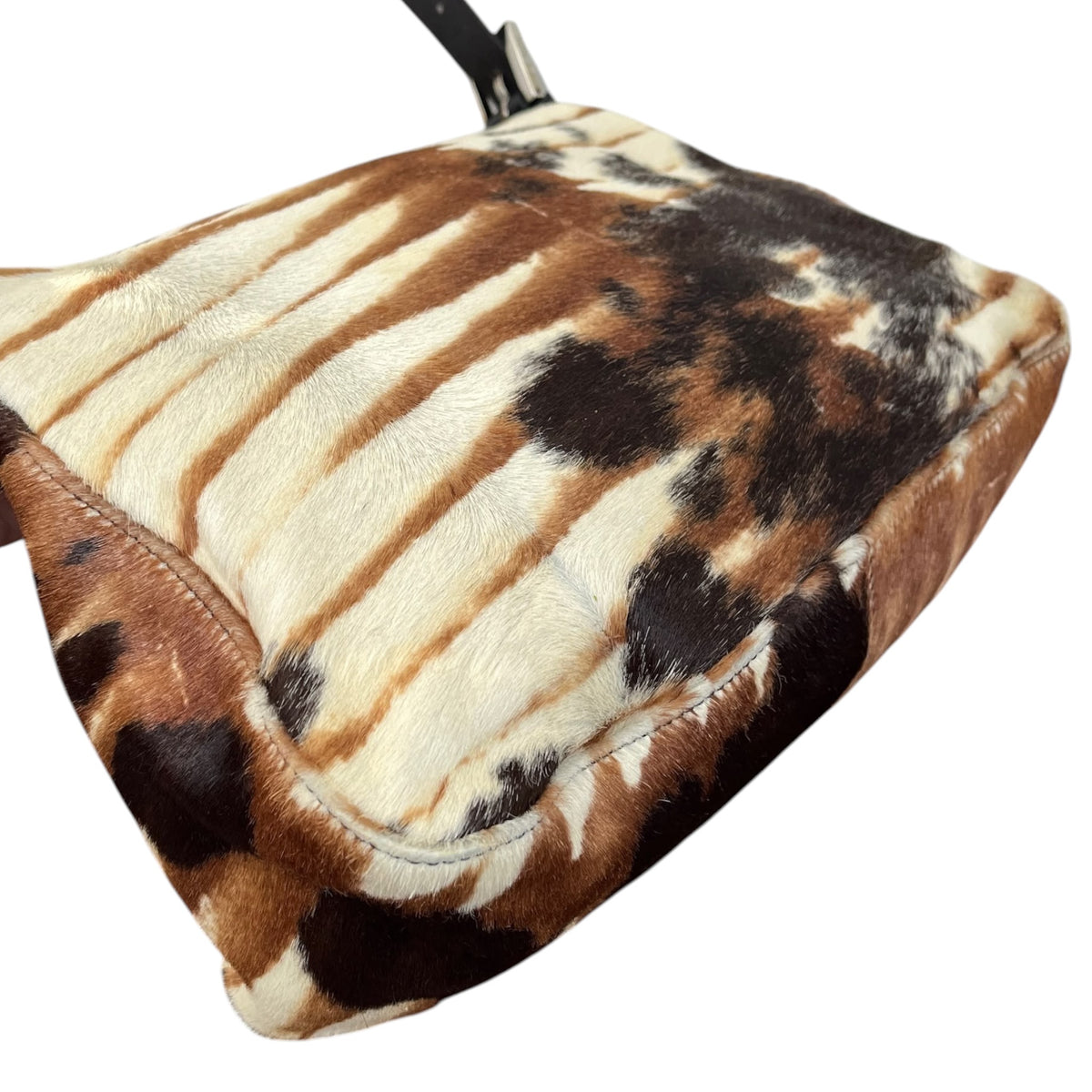 Fendi Vintage Ivory & Brown Animal Print Pony Hair Mamma Shoulder Baguette Bag