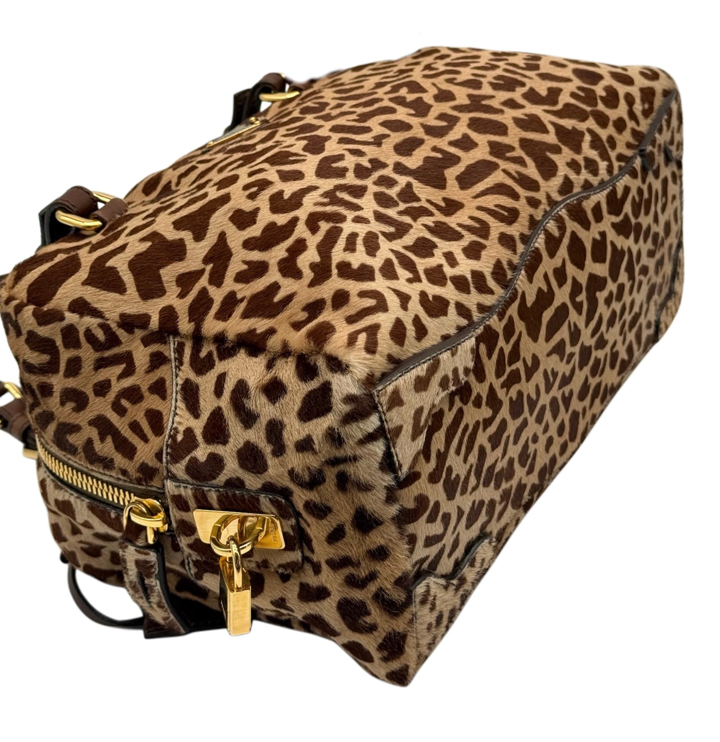 Prada Vintage Brown Giraffe Print Pony Hair Medium Bowler Boston Shoulder Bag