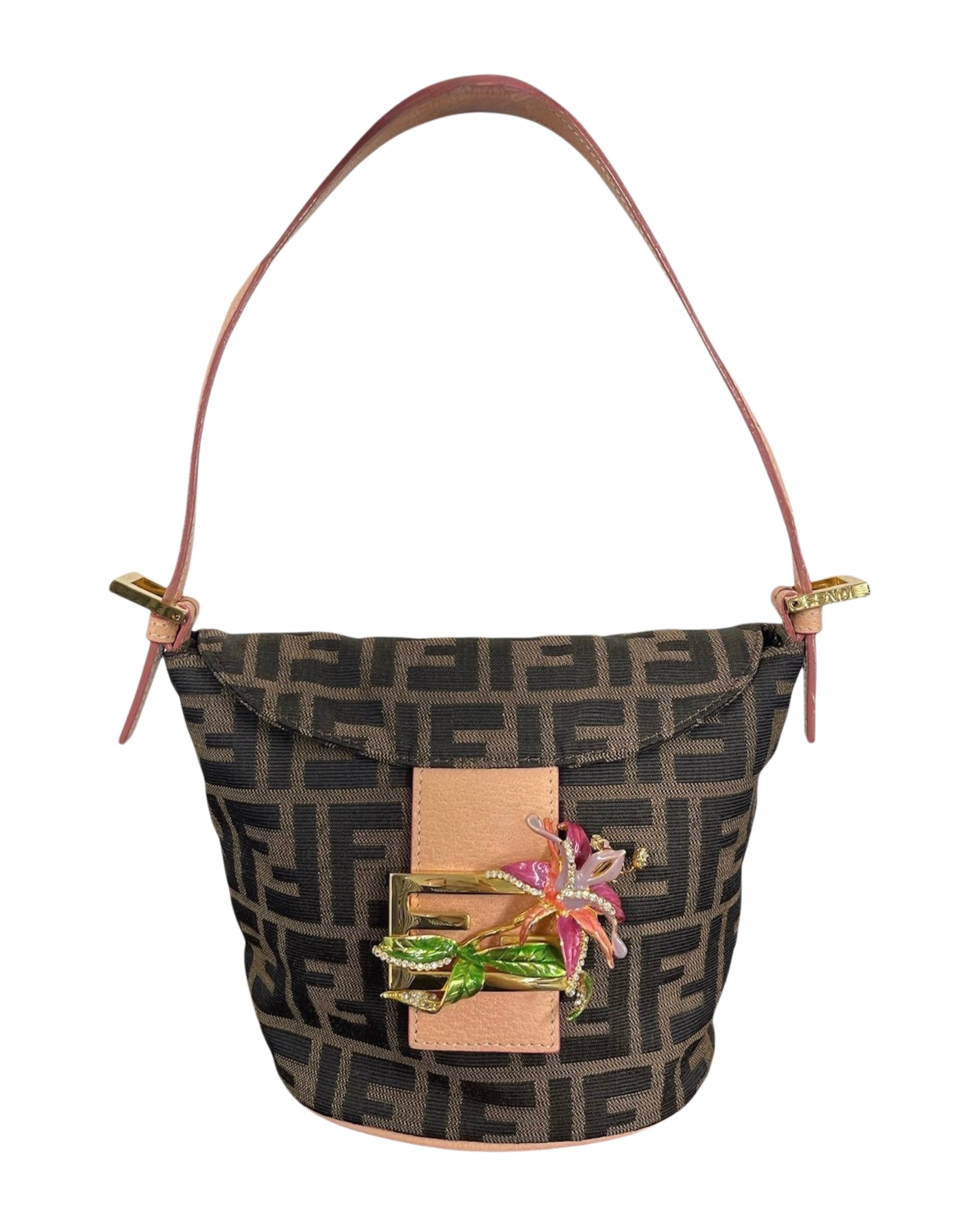 Fendi Vintage Brown Zucca Monogram Bucket Baguette Shoulder Bag with Enamel Floral Embellished Clasp
