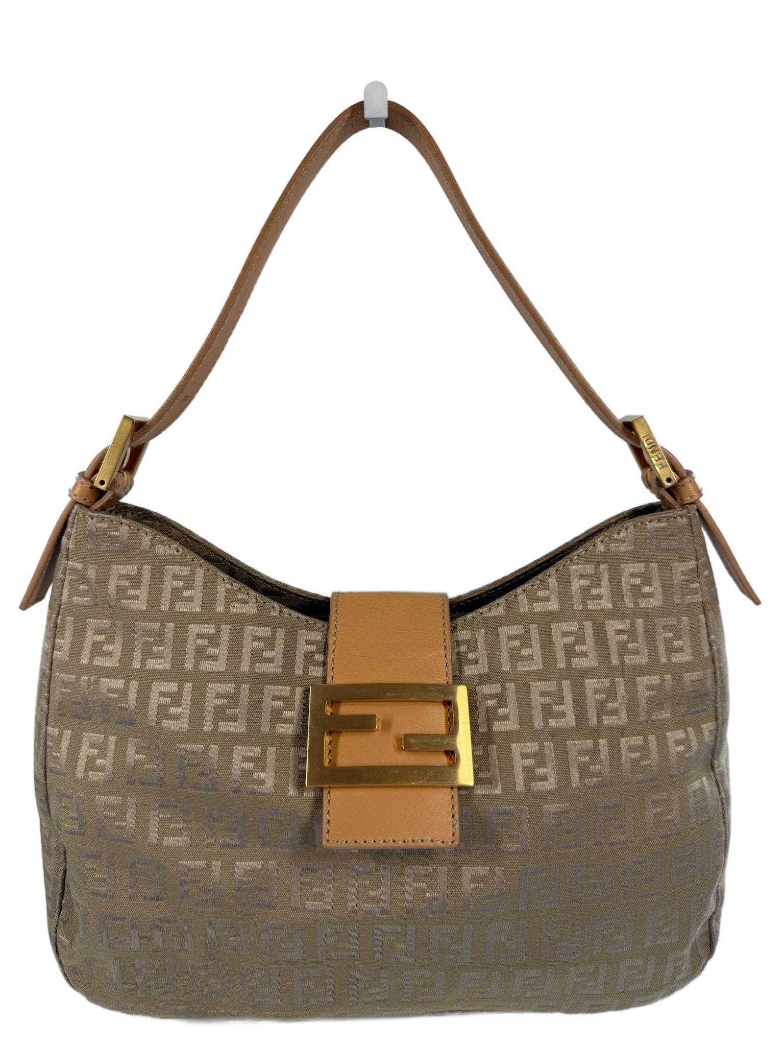 Fendi Vintage Beige Gold Zucca Monogram Hobo Shoulder Baguette Bag